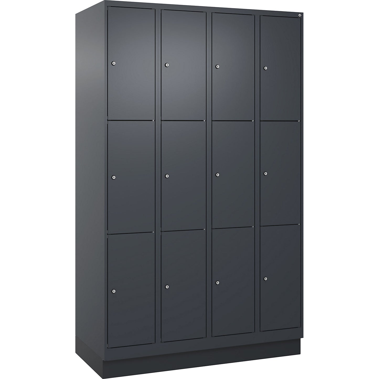 Evolo PLUS 3-fold compartment locker, 4 compartments, grey, W 1200 mm, 12 compartments, with base plinth, cylinder lock.