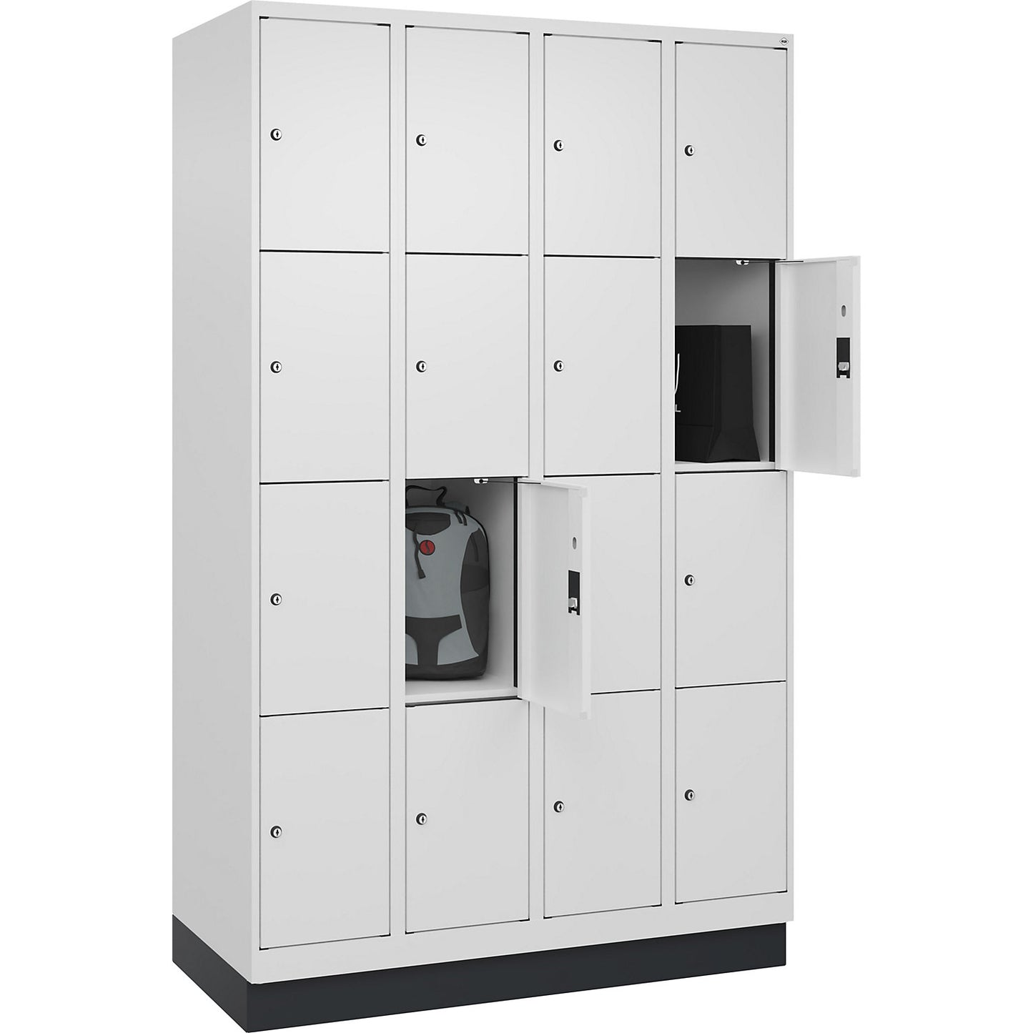 Evolo PLUS 4-fold compartment locker, 4 compartments, white, W 1200 mm, 16 compartments, with base plinth, cylinder lock.
