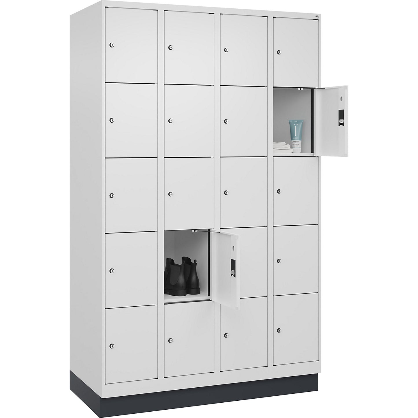 Evolo PLUS 5-fold compartment locker, 4 compartments, white, W 1200 mm, 20 compartments, with base plinth, cylinder lock.