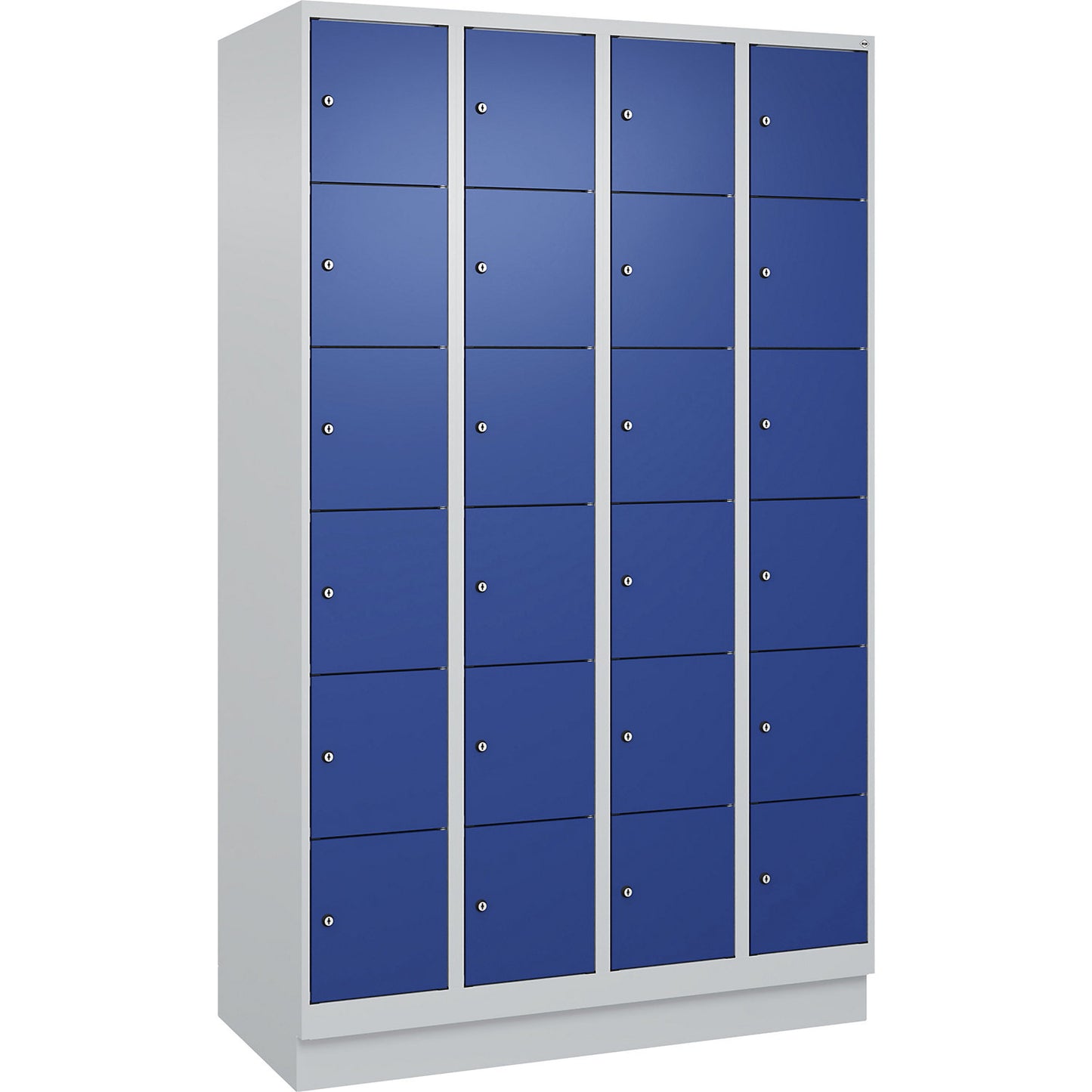 Evolo PLUS 6-fold compartment locker, 4 compartments, light grey / gentian blue, W 1200 mm, 24 compartments, with base plinth, cylinder lock.