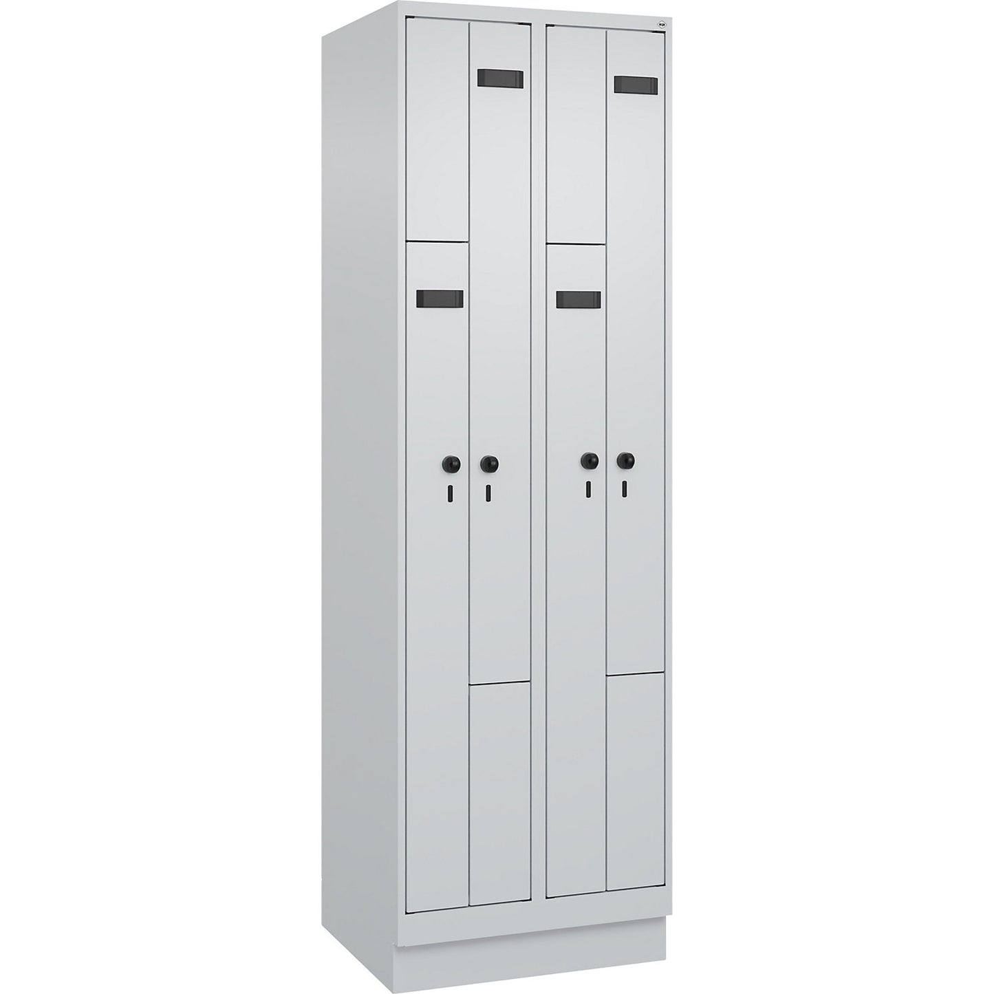 Evolo PLUS Z-locker, 2 compartments, light grey, W 600 mm, 4 compartments, with base plinth, security rotary bolt.