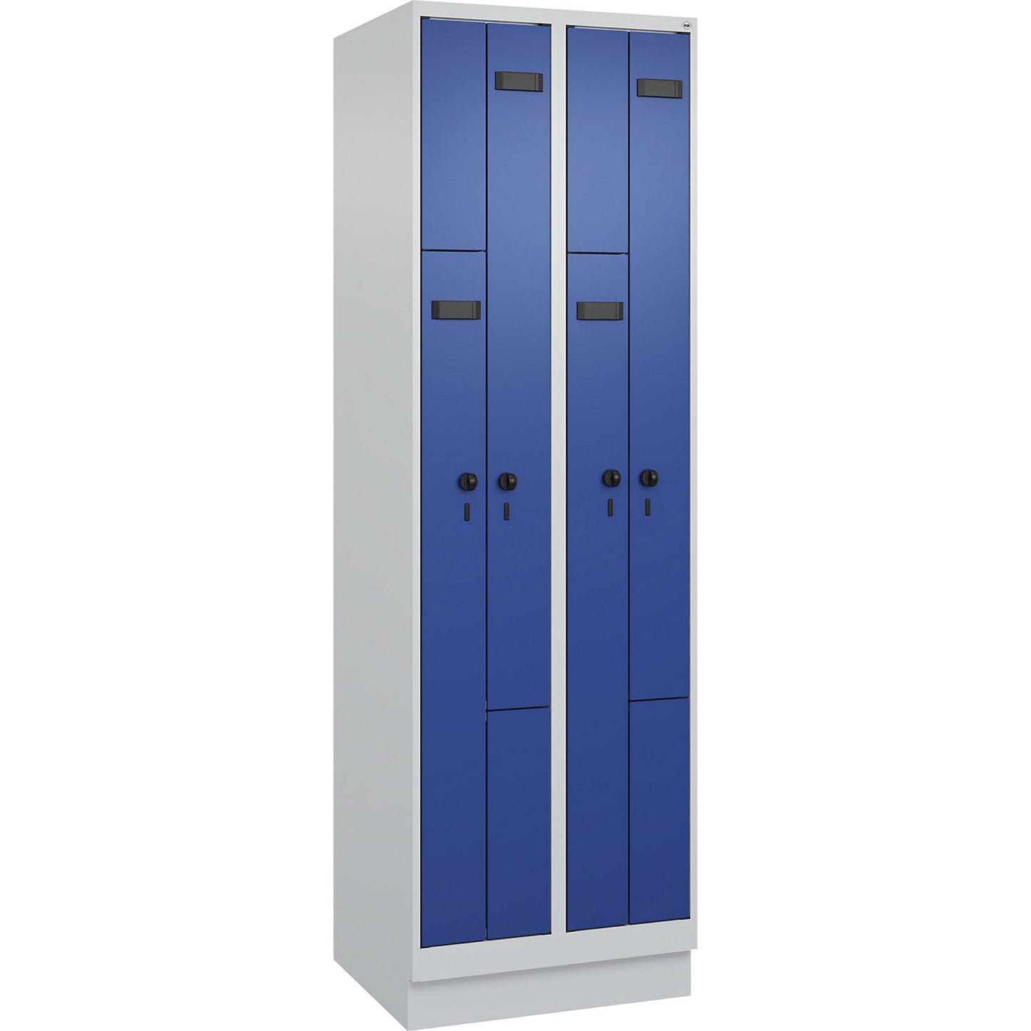 Evolo PLUS Z-locker, 2 compartments, light grey / gentian blue, W 600 mm, 4 compartments, with base plinth, security rotary bolt.