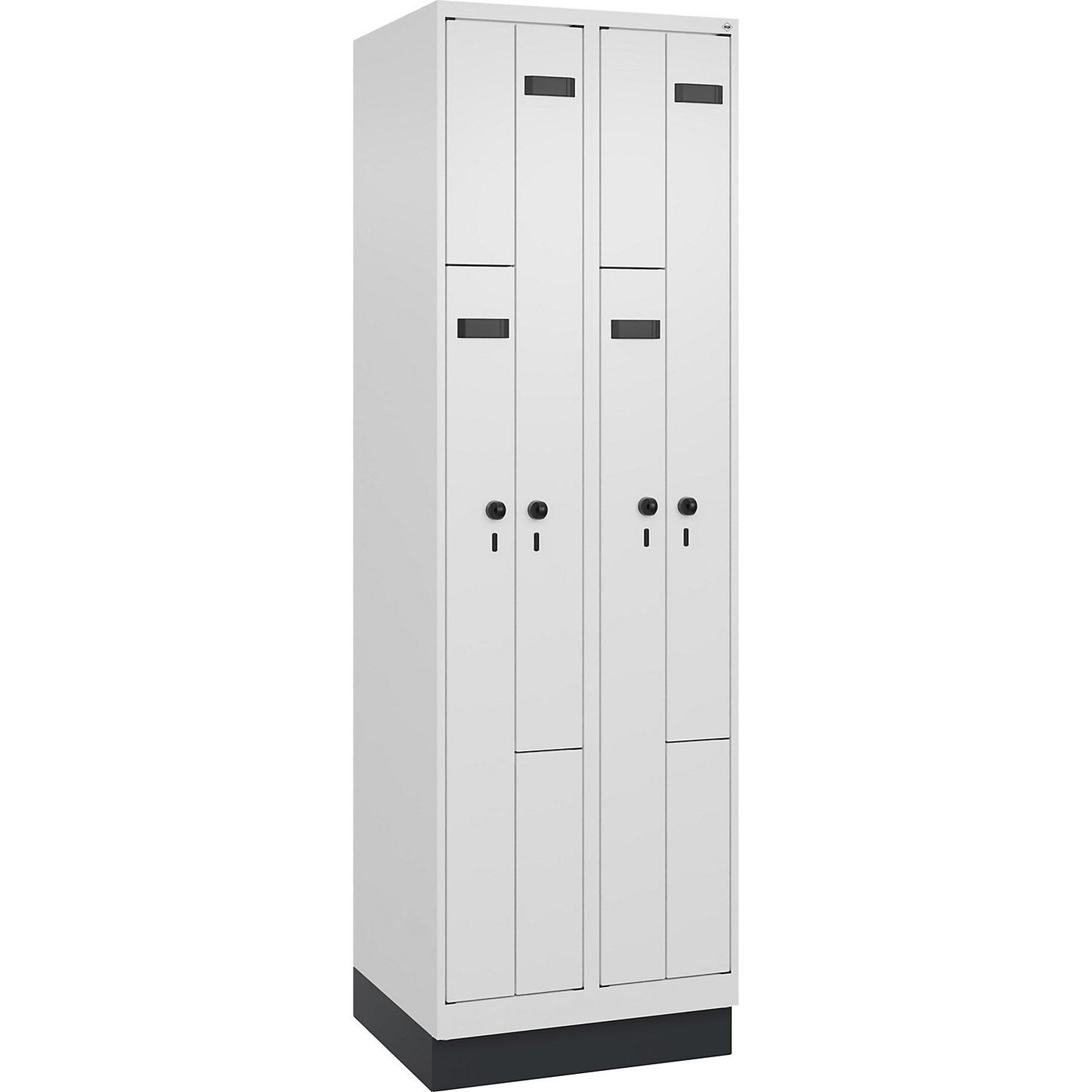 Evolo PLUS Z-locker, 2 compartments, white, W 600 mm, 4 compartments, with base plinth, security rotary bolt.