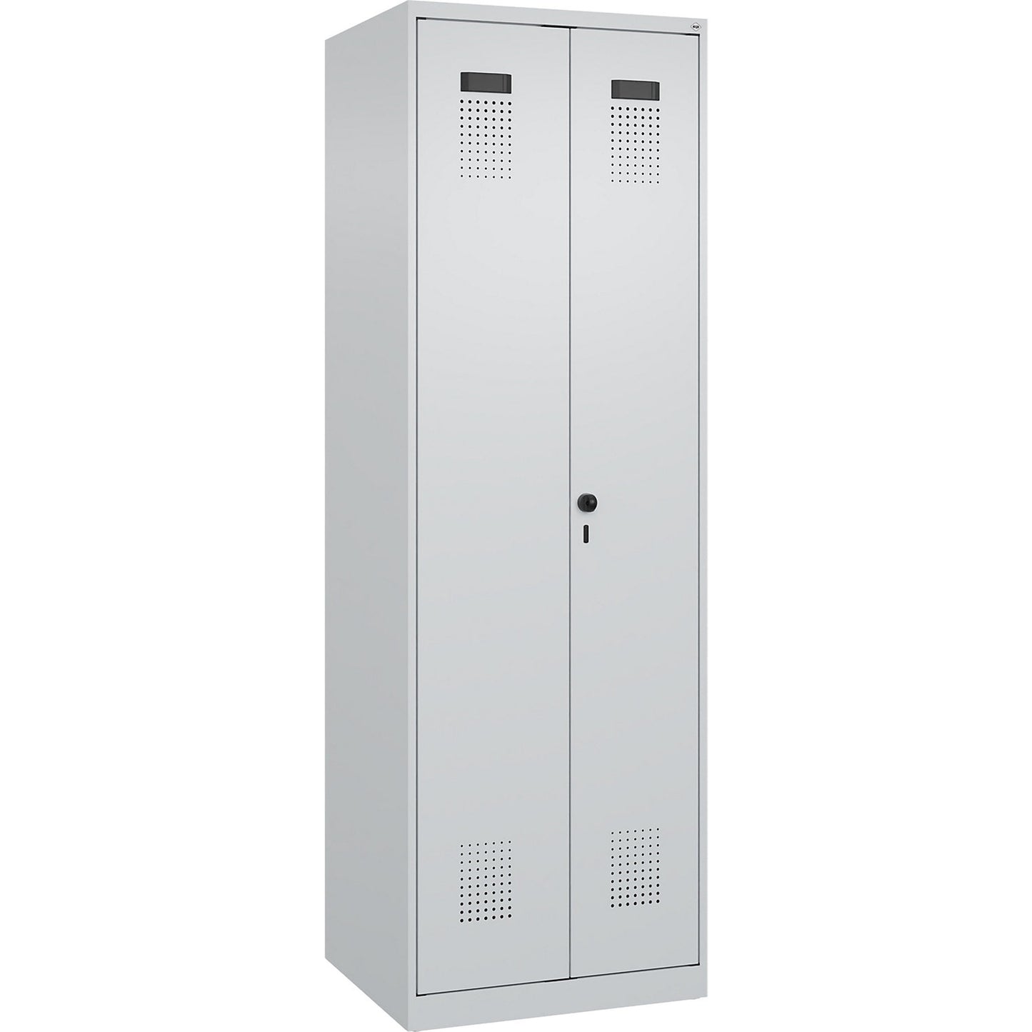 Evolo PLUS locker for cleaning products, 1 compartment, partition in centre, light grey, W 600 mm, with floor glides, security rotary bolt.