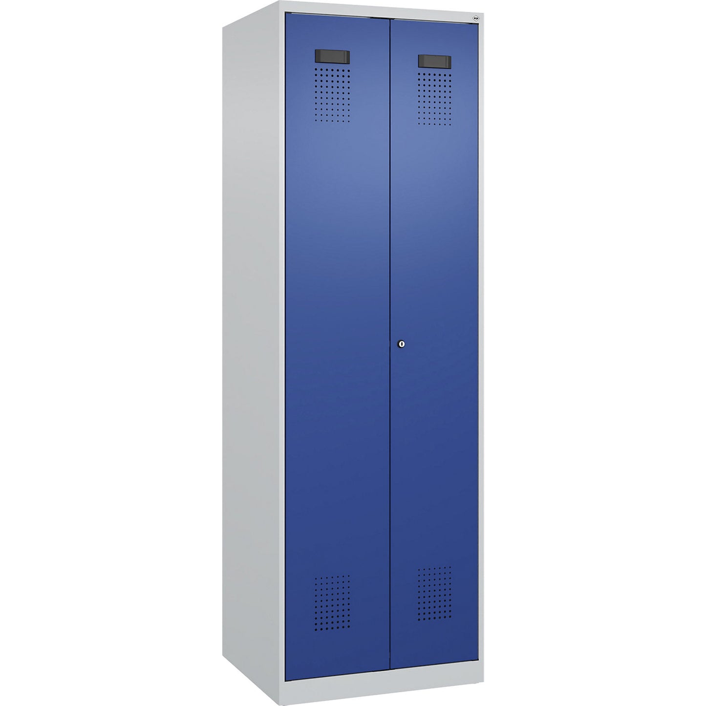 Evolo PLUS locker for cleaning products, 1 compartment, partition in centre, light grey / gentian blue, W 600 mm, with floor glides, cylinder lock.