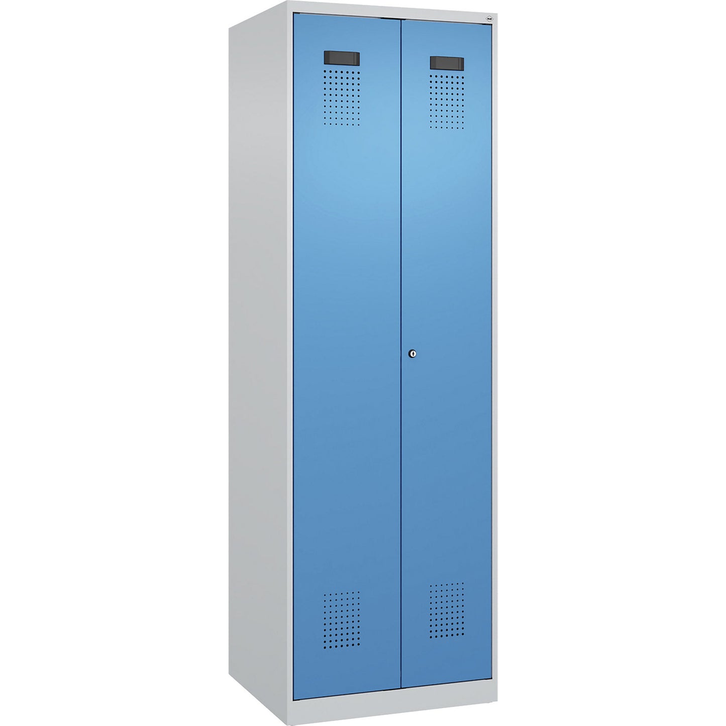 Evolo PLUS locker for cleaning products, 1 compartment, partition in centre, light grey / light blue, W 600 mm, with floor glides, cylinder lock.
