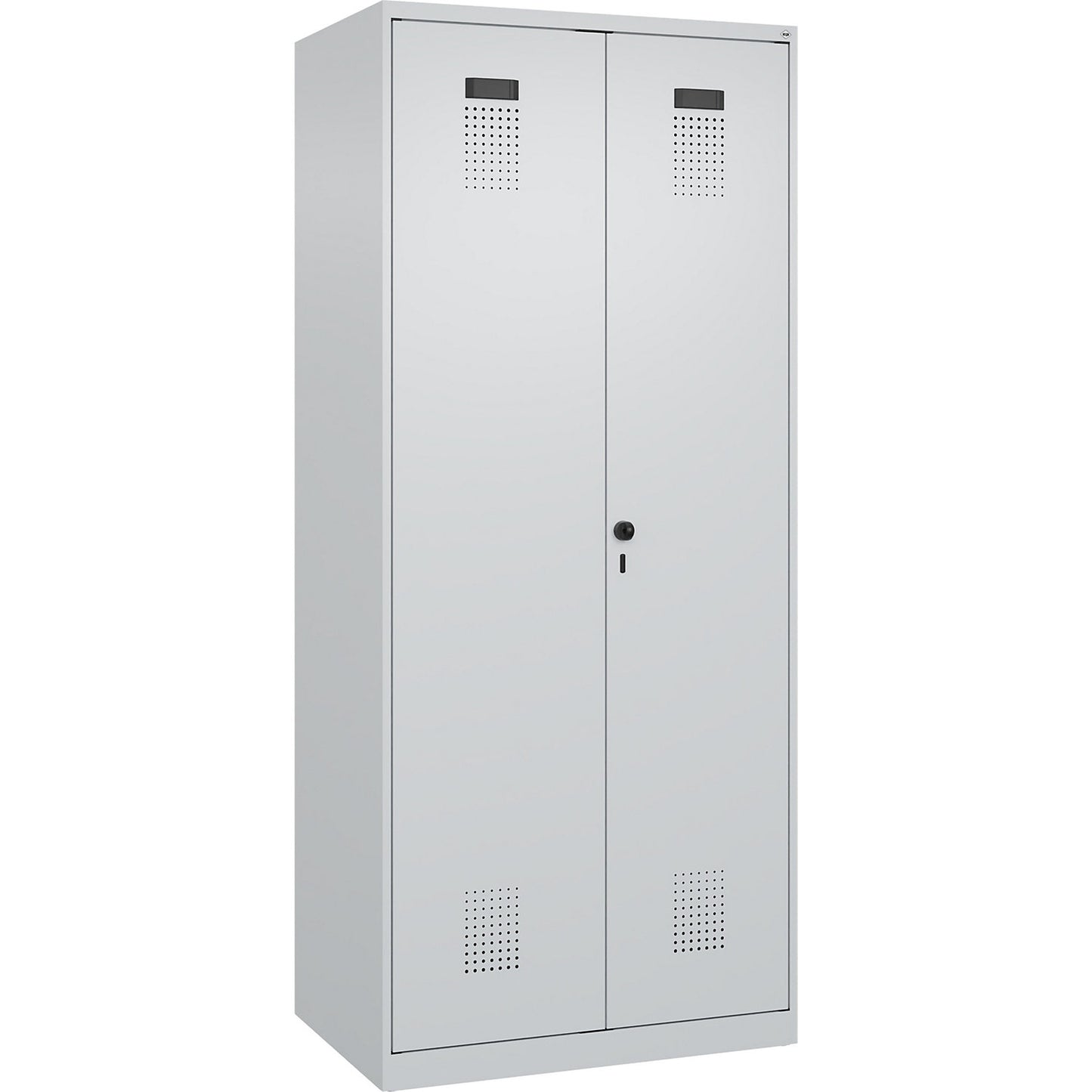 Evolo PLUS locker for cleaning products, 1 compartment, partition in centre, light grey, W 800 mm, with floor glides, security rotary bolt.