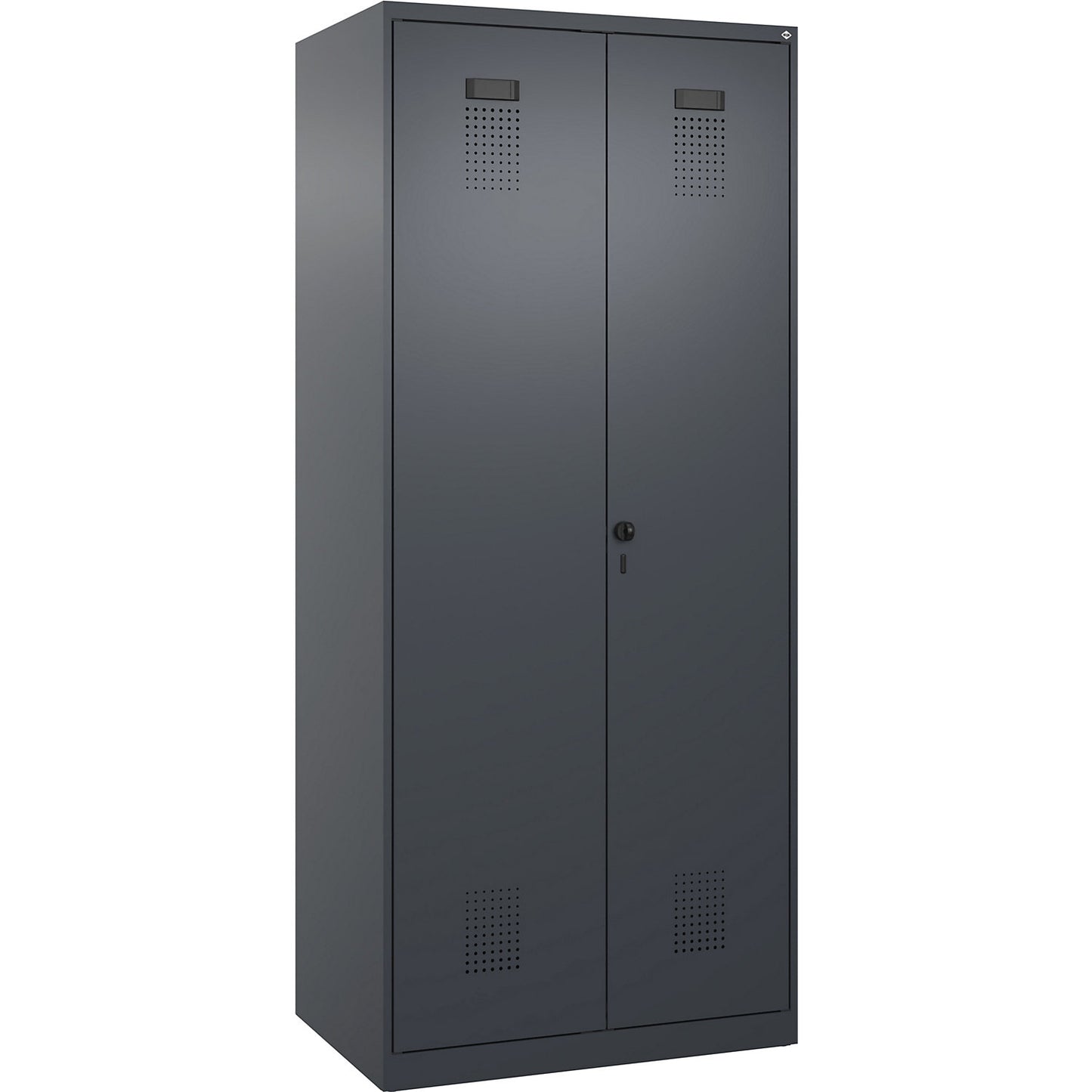 Evolo PLUS locker for cleaning products, 1 compartment, partition in centre, grey, W 800 mm, with floor glides, security rotary bolt.