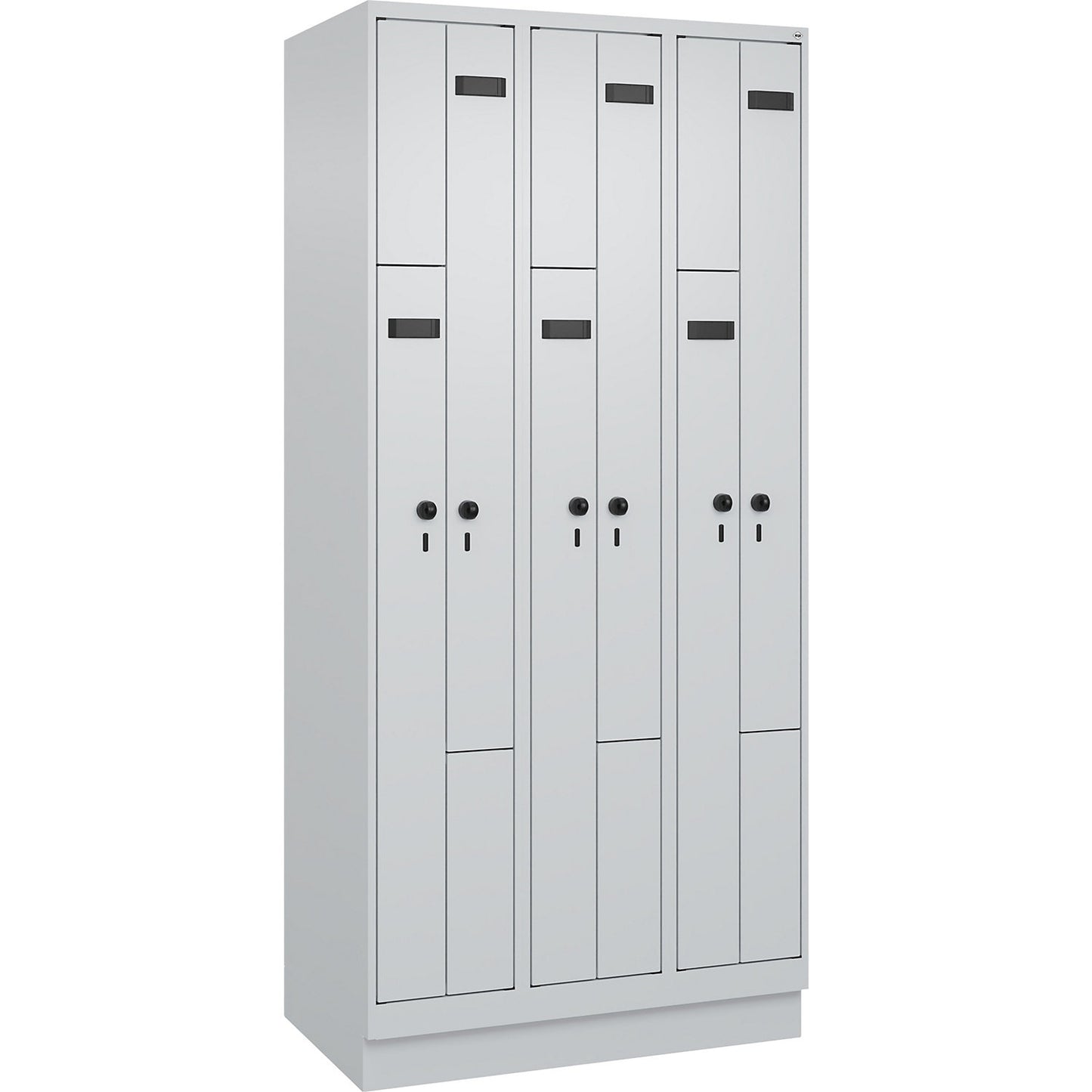 Evolo PLUS Z-locker, 3 compartments, light grey, W 900 mm, 6 compartments, with base plinth, security rotary bolt.