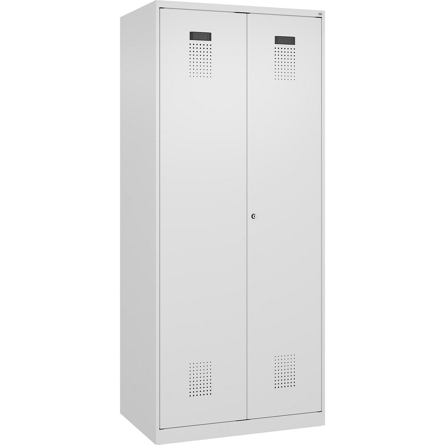 Evolo PLUS locker for cleaning products, 1 compartment, partition in centre, white, W 800 mm, with floor glides, cylinder lock.