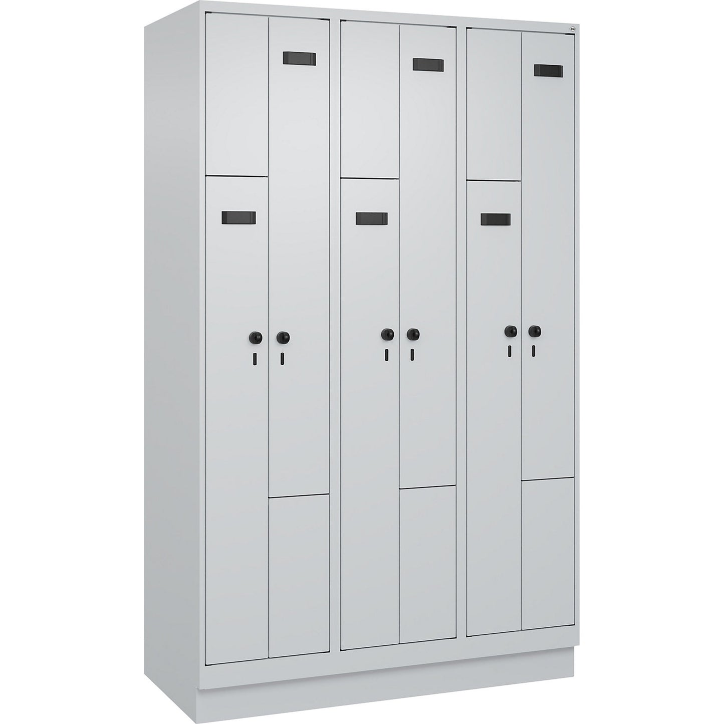 Evolo PLUS Z-locker, 3 compartments, light grey, W 1200 mm, 6 compartments, with base plinth, security rotary bolt.