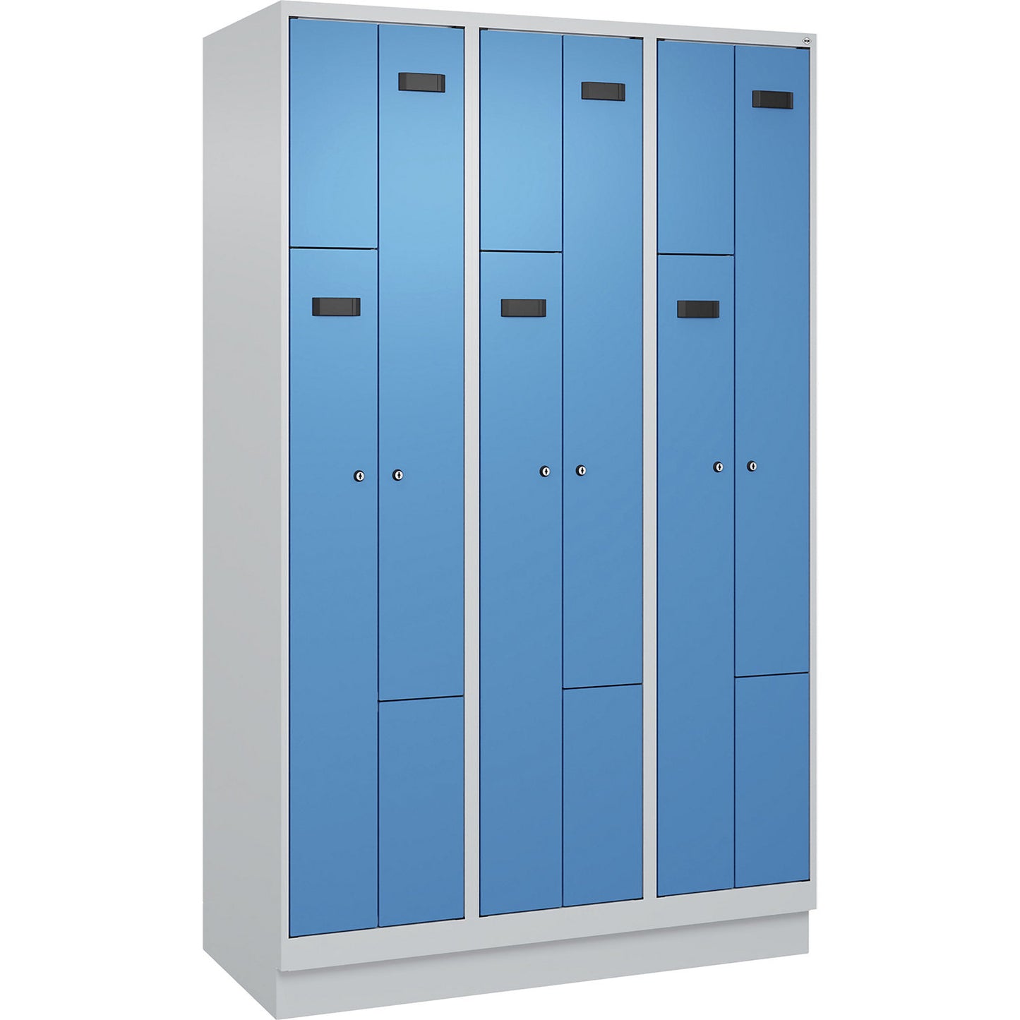 Evolo PLUS Z-locker, 3 compartments, light grey / light blue, W 1200 mm, 6 compartments, with base plinth, cylinder lock.