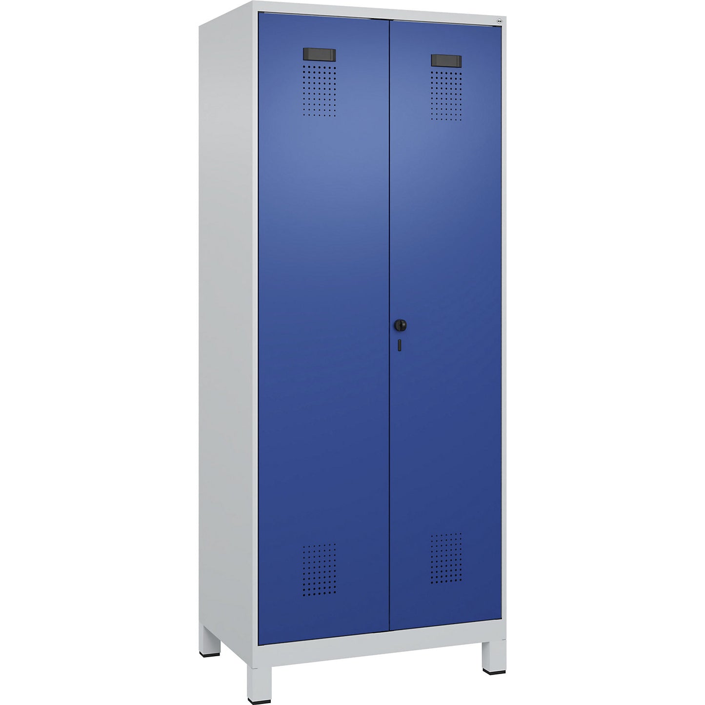 Evolo PLUS locker for cleaning products, 1 compartment, partition in centre, light grey / gentian blue, W 800 mm, with wide feet, security rotary bolt.