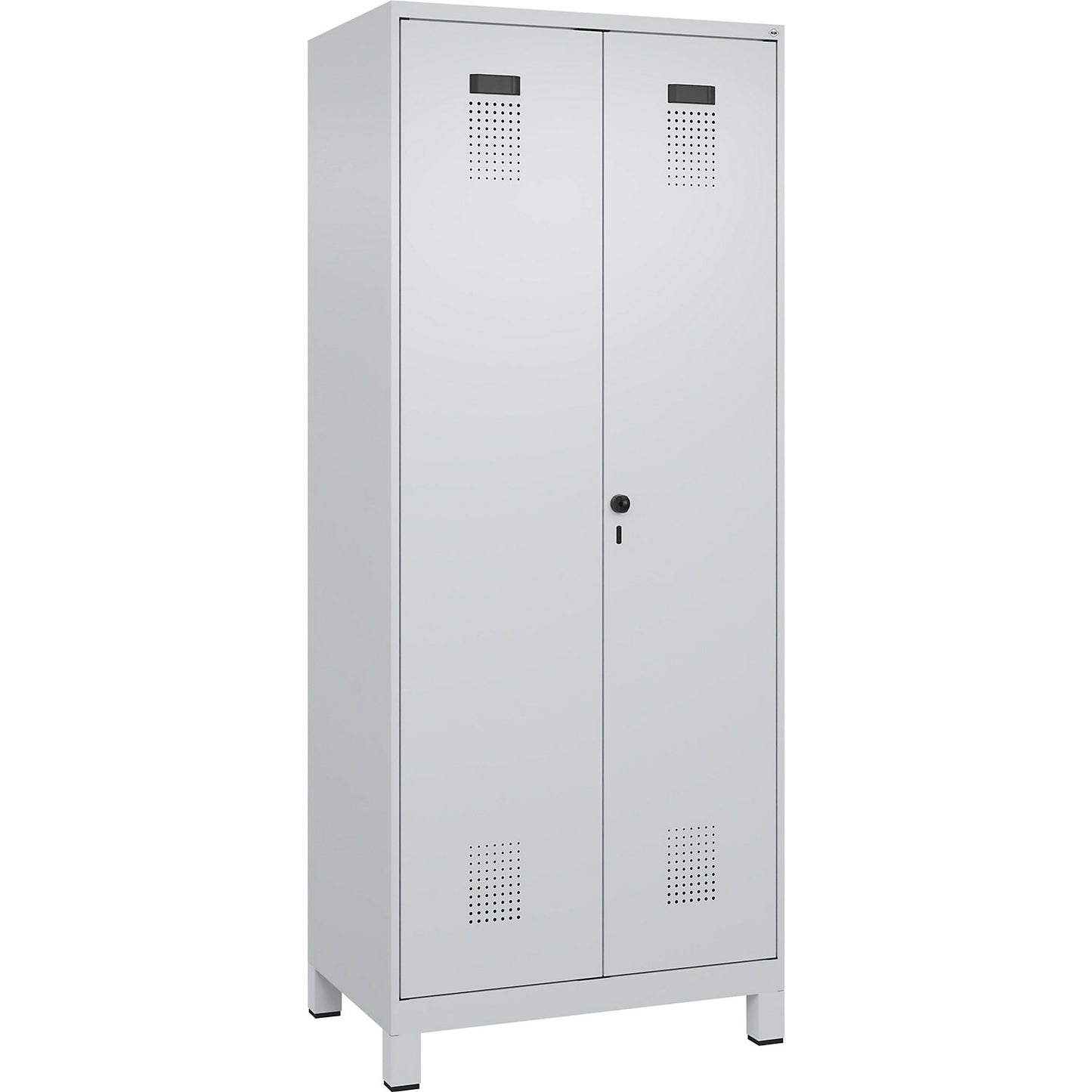 Evolo PLUS locker for cleaning products, 1 compartment, partition in centre, light grey, W 800 mm, with wide feet, security rotary bolt.