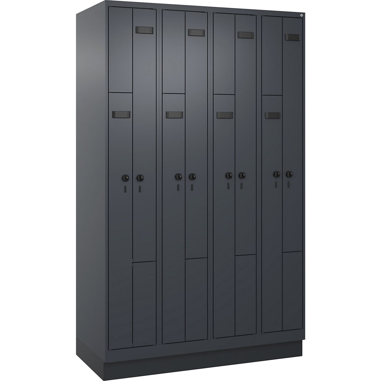 Evolo PLUS Z-locker, 4 compartments, grey, W 1200 mm, 8 compartments, with base plinth, security rotary bolt.