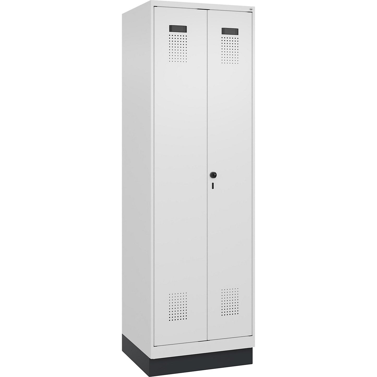 Evolo PLUS locker for cleaning products, 1 compartment, partition in centre, white, W 600 mm, with base plinth, security rotary bolt.