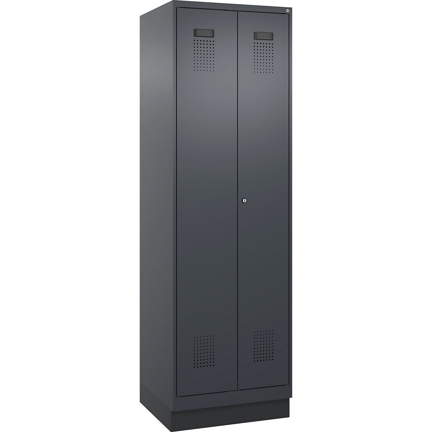 Evolo PLUS locker for cleaning products, 1 compartment, partition in centre, grey, W 600 mm, with base plinth, cylinder lock.