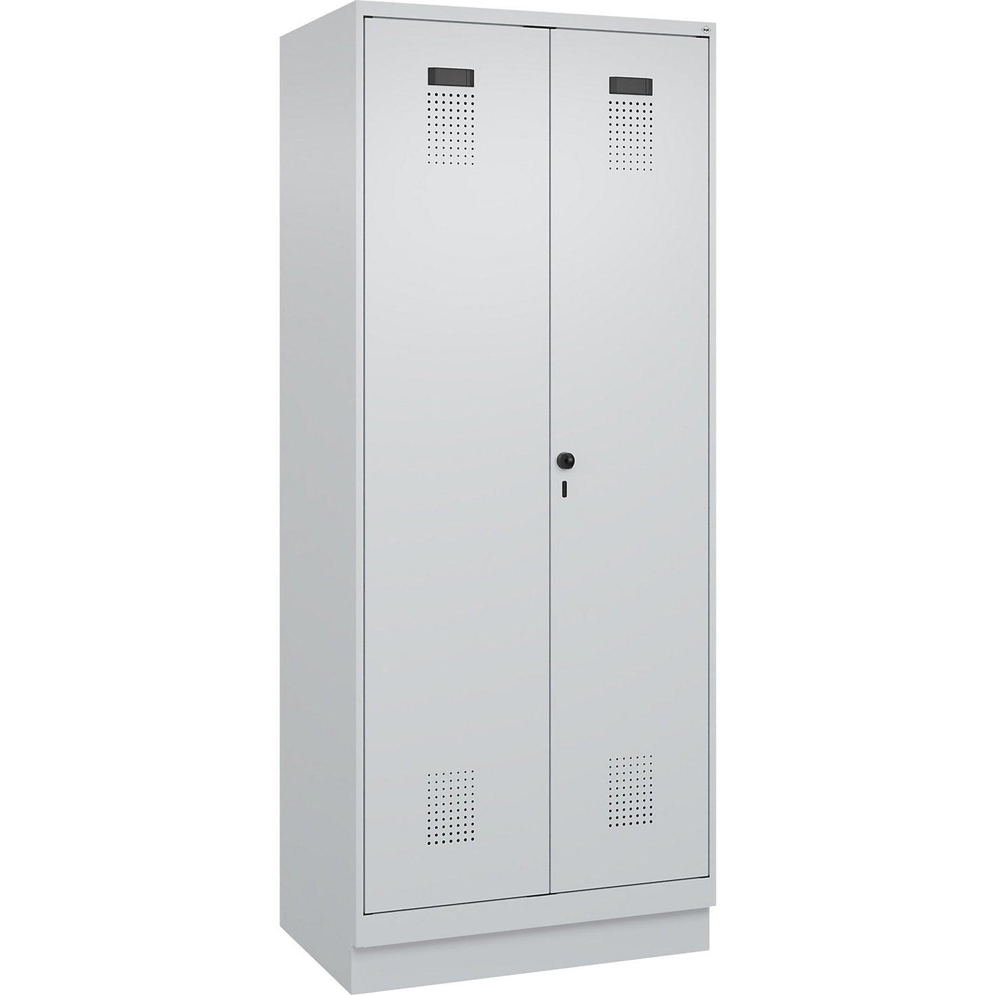 Evolo PLUS locker for cleaning products, 1 compartment, partition in centre, light grey, W 800 mm, with base plinth, security rotary bolt.