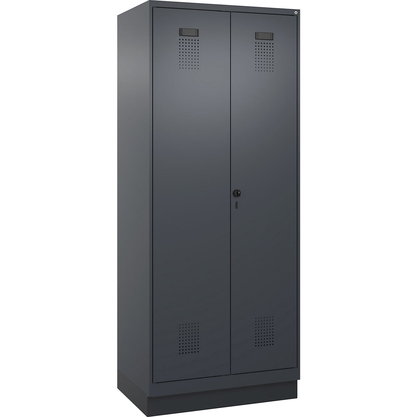 Evolo PLUS locker for cleaning products, 1 compartment, partition in centre, grey, W 800 mm, with base plinth, security rotary bolt.