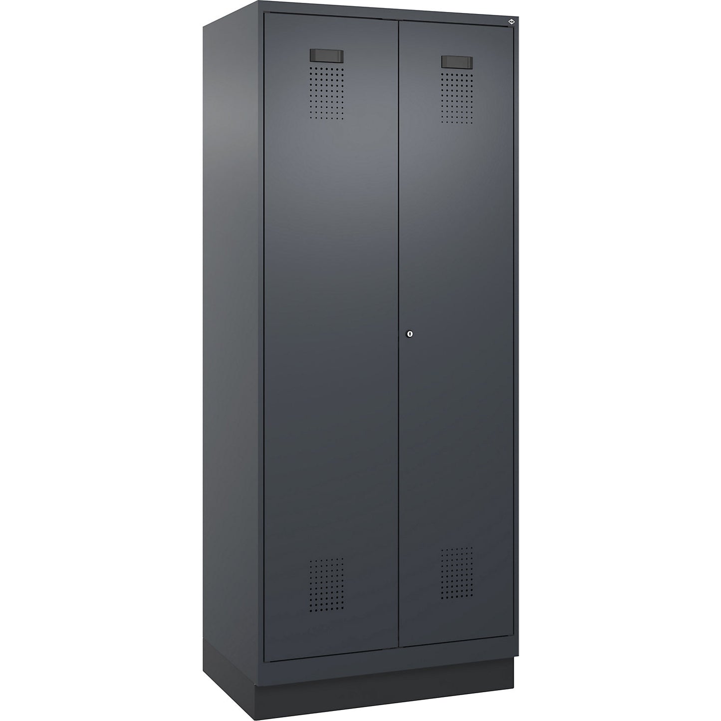 Evolo PLUS locker for cleaning products, 1 compartment, partition in centre, grey, W 800 mm, with base plinth, cylinder lock.