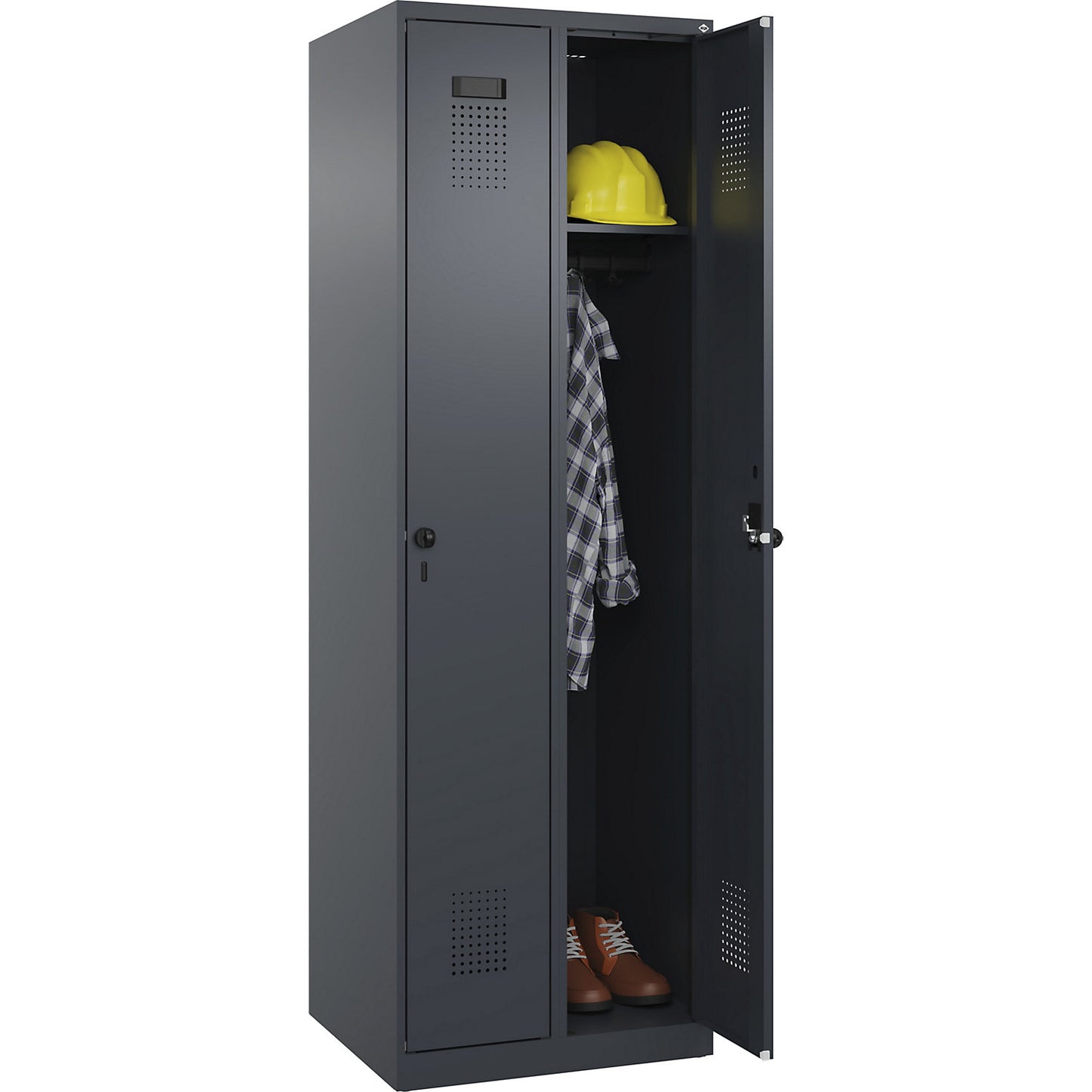 Evolo PLUS locker, 2 compartments, grey, W 600 mm, with floor glides, rotary bolt.