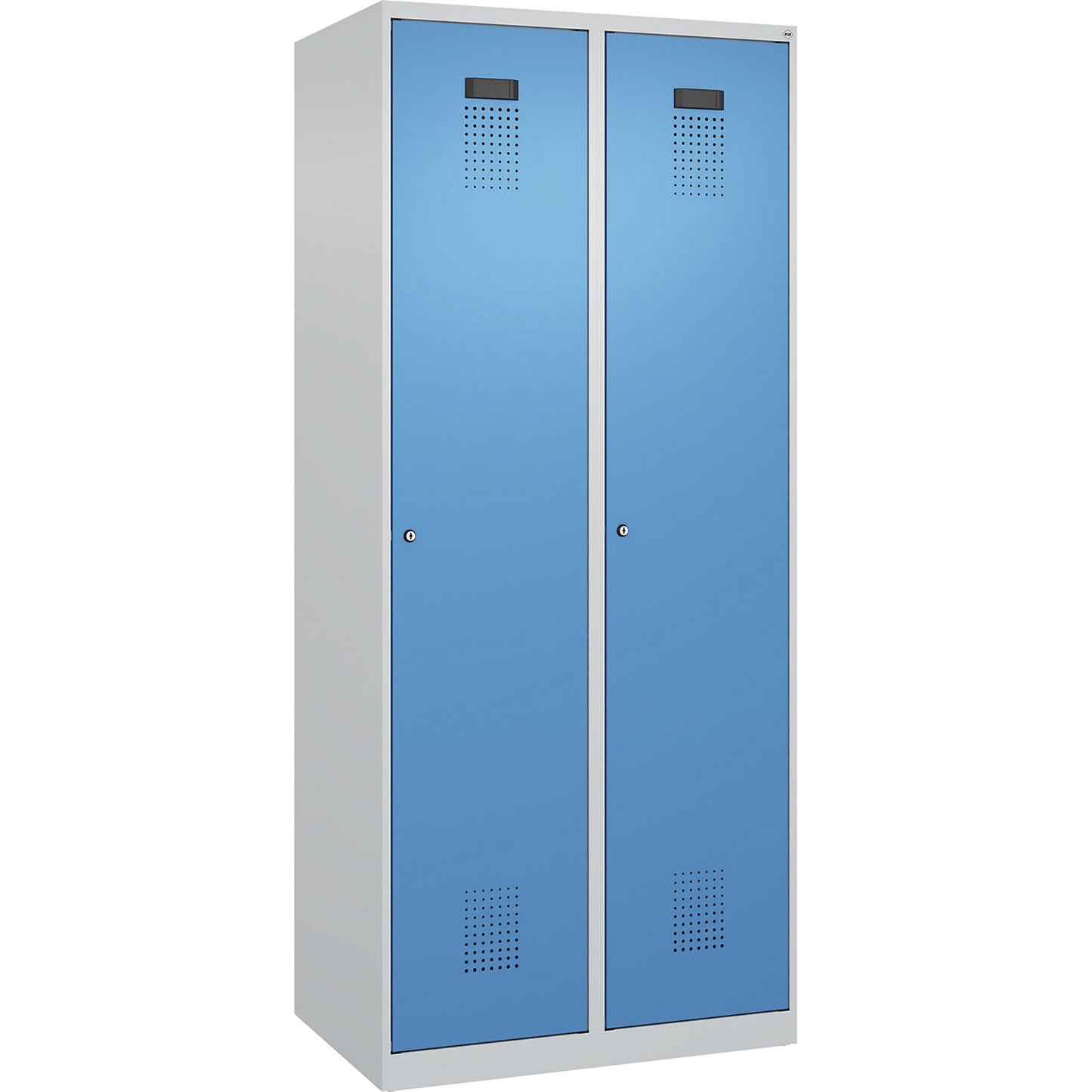 Evolo PLUS locker, 2 compartments, light grey / light blue, W 800 mm, with floor glides, cylinder lock.