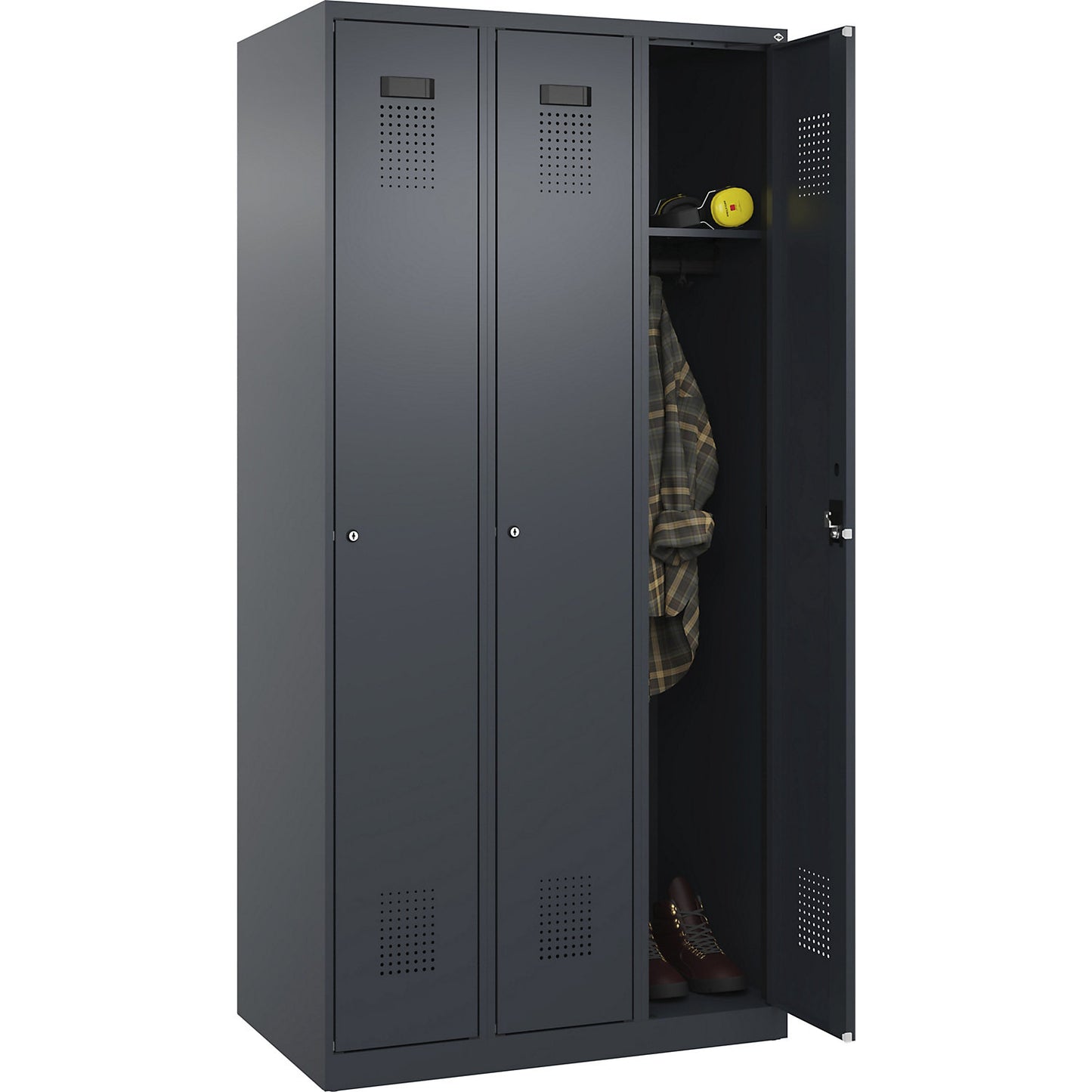 Evolo PLUS locker, 3 compartments, grey, W 900 mm, with floor glides, cylinder lock.