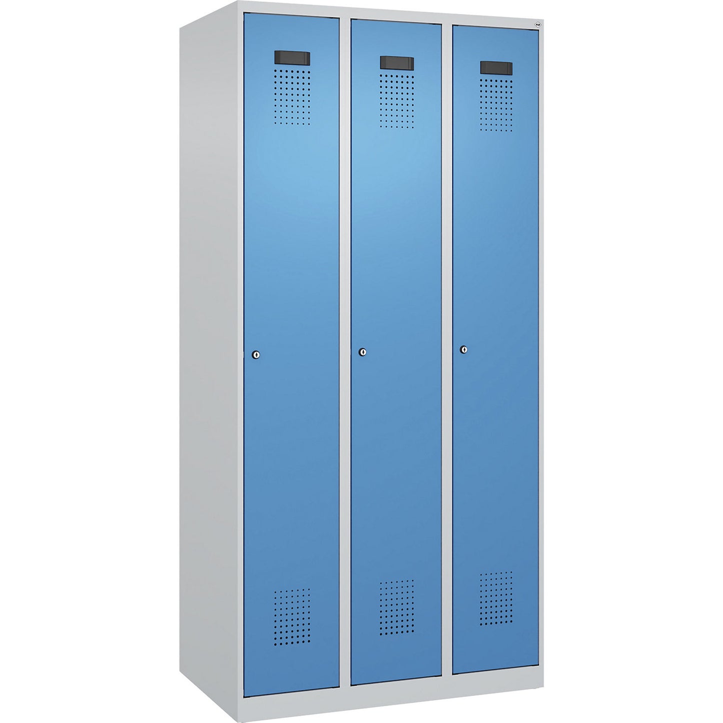 Evolo PLUS locker, 3 compartments, light grey / light blue, W 900 mm, with floor glides, cylinder lock.