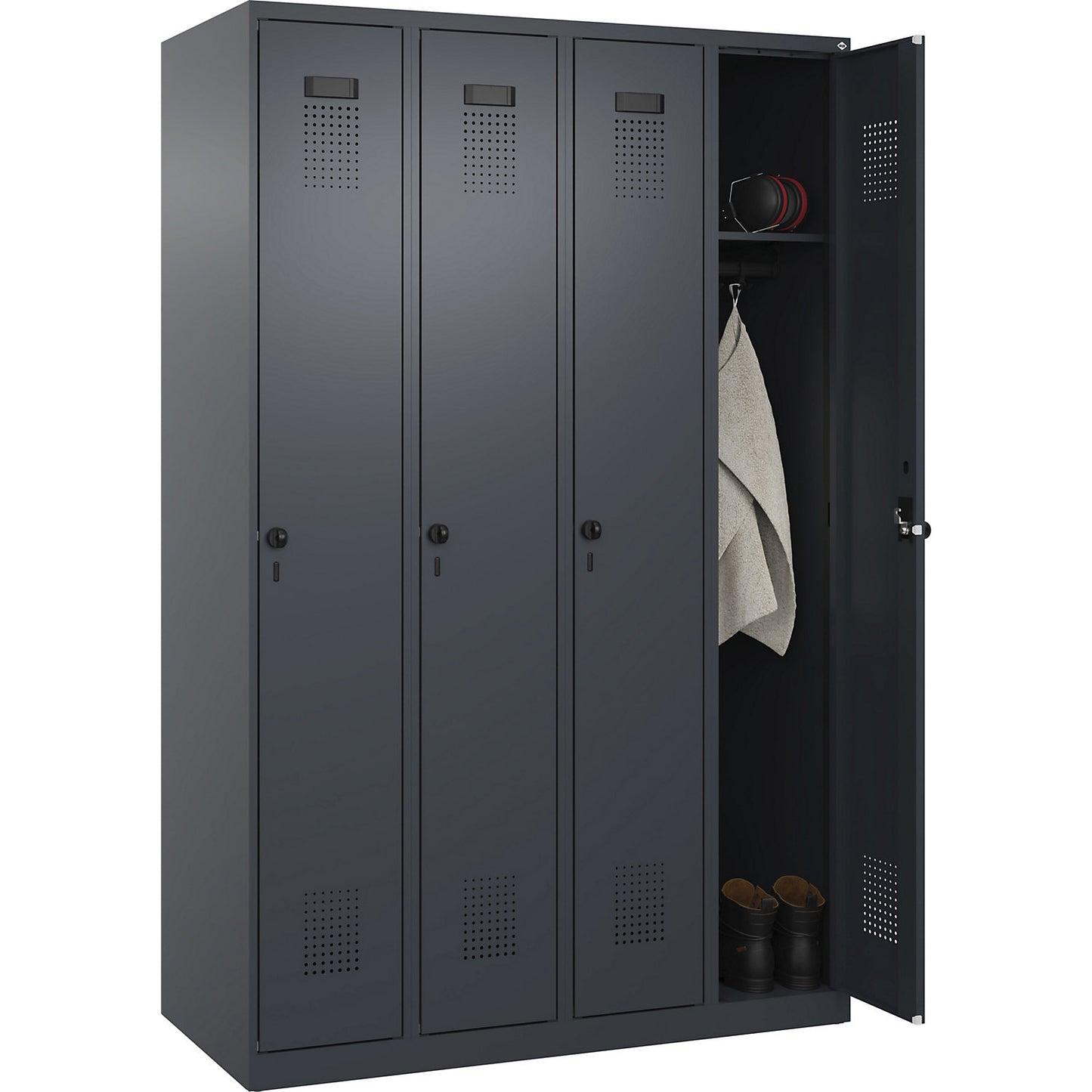 Evolo PLUS locker, 4 compartments, grey, W 1200 mm, with floor glides, rotary bolt.