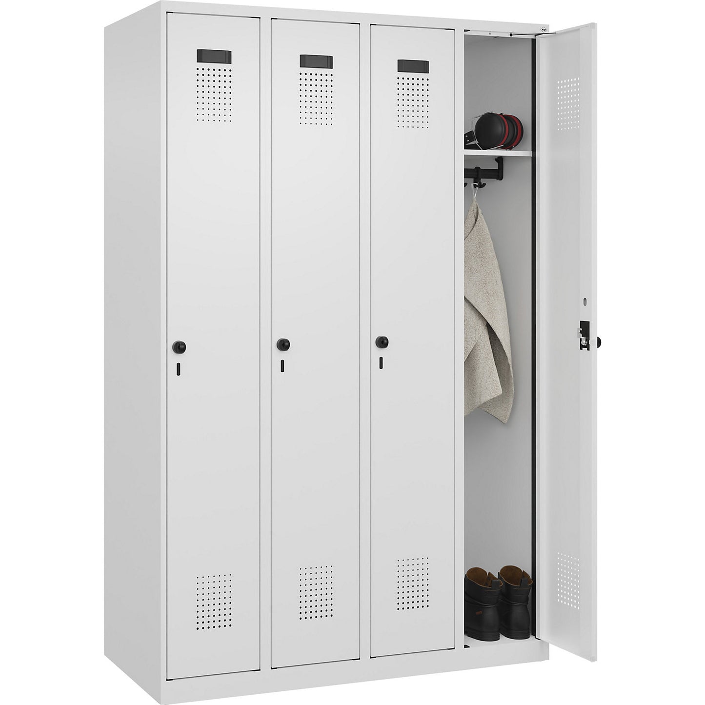 Evolo PLUS locker, 4 compartments, traffic white, W 1200 mm, with floor glides, rotary bolt.