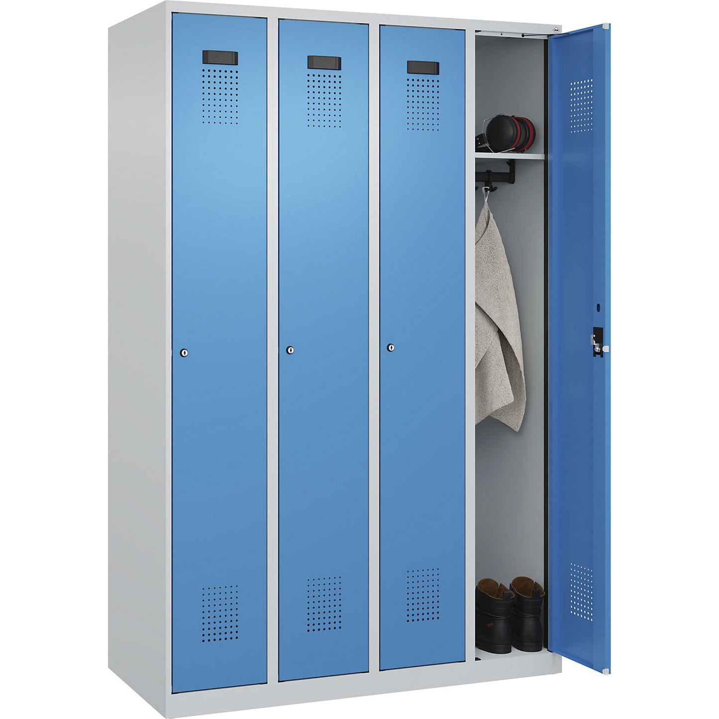 Evolo PLUS locker, 4 compartments, light grey / light blue, W 1200 mm, with floor glides, cylinder lock.