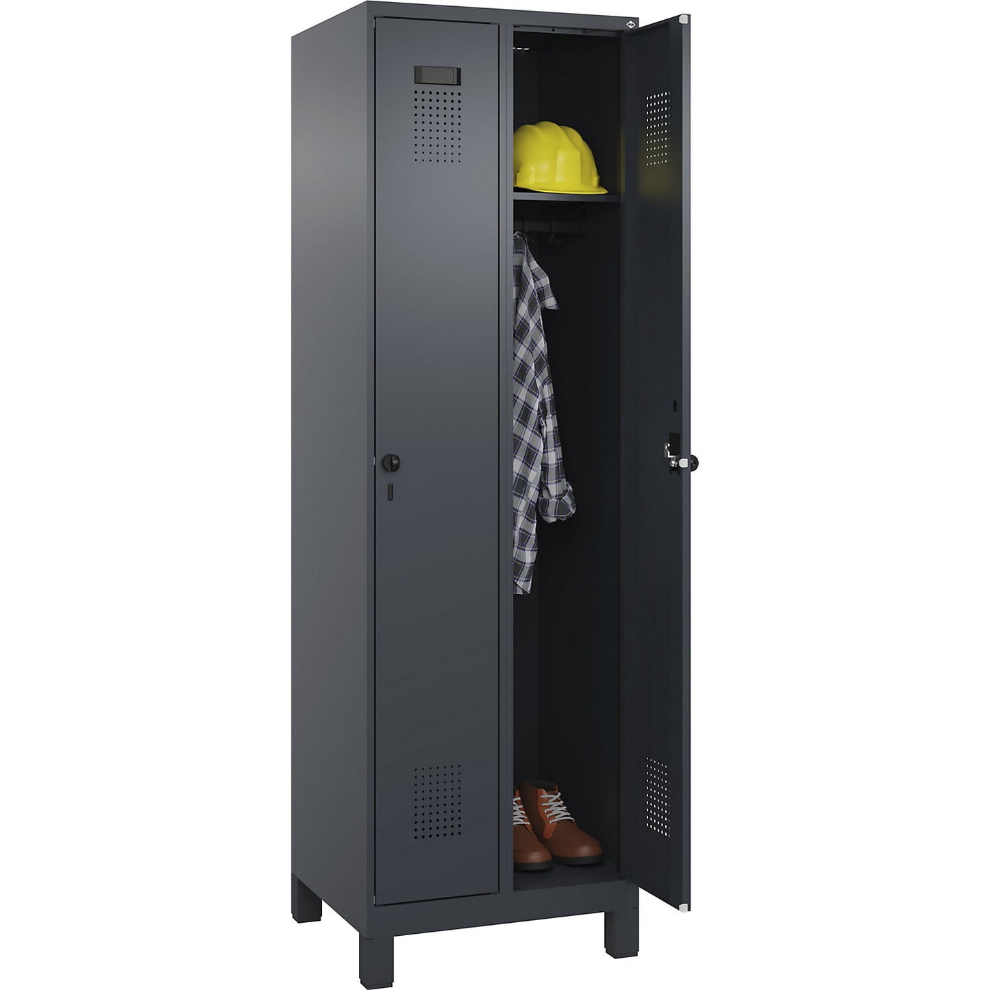 Evolo PLUS locker, 2 compartments, grey, W 600 mm, with wide feet, rotary bolt.