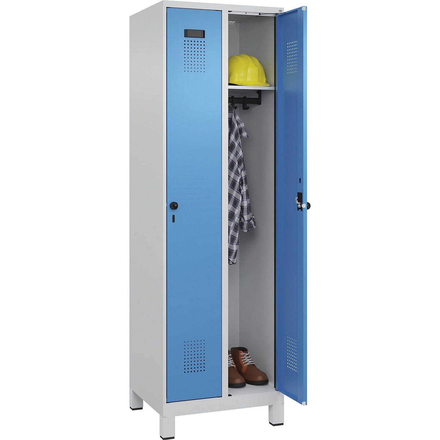 Evolo PLUS locker, 2 compartments, light grey / light blue, W 600 mm, with wide feet, rotary bolt.