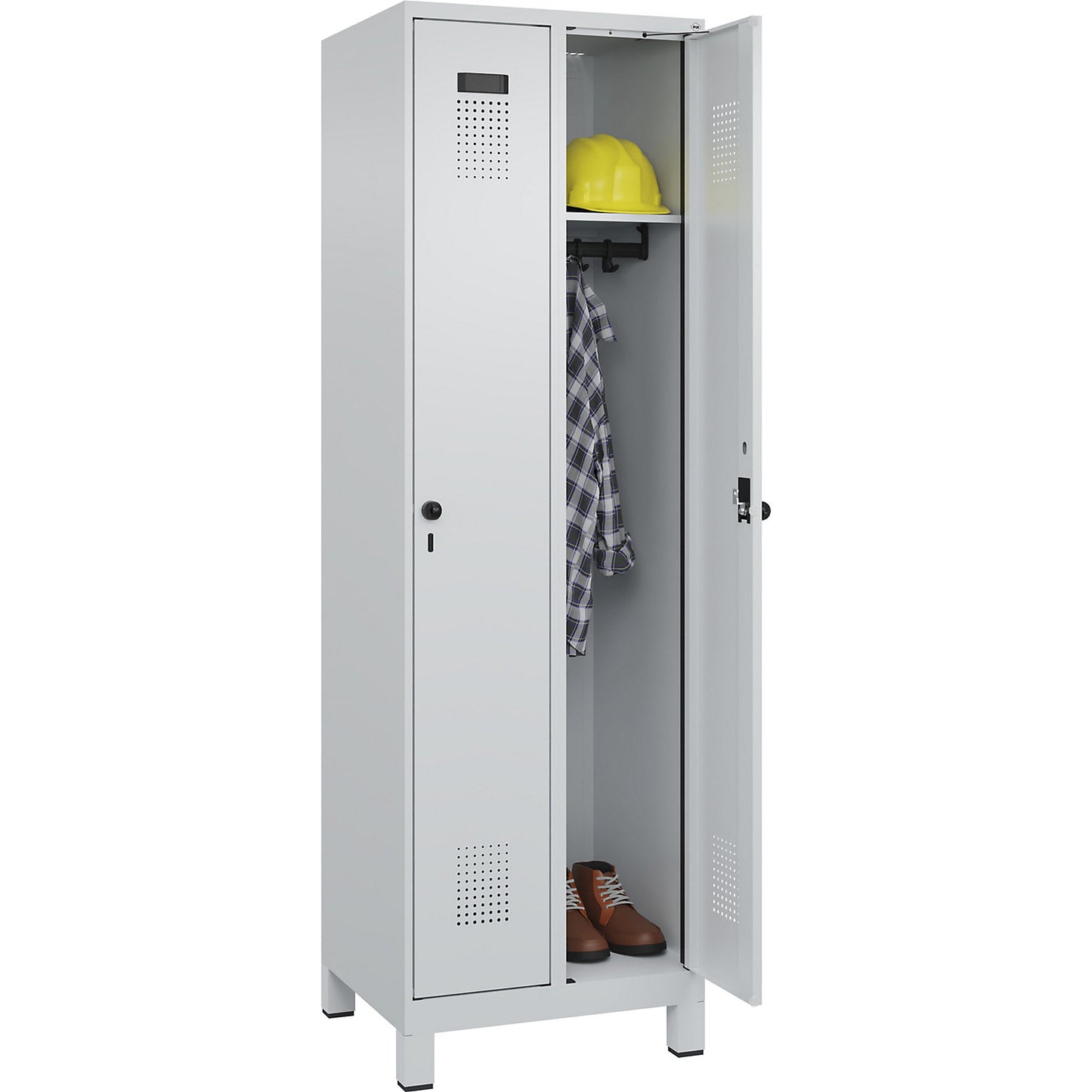 Evolo PLUS locker, 2 compartments, light grey, W 600 mm, with wide feet, rotary bolt.