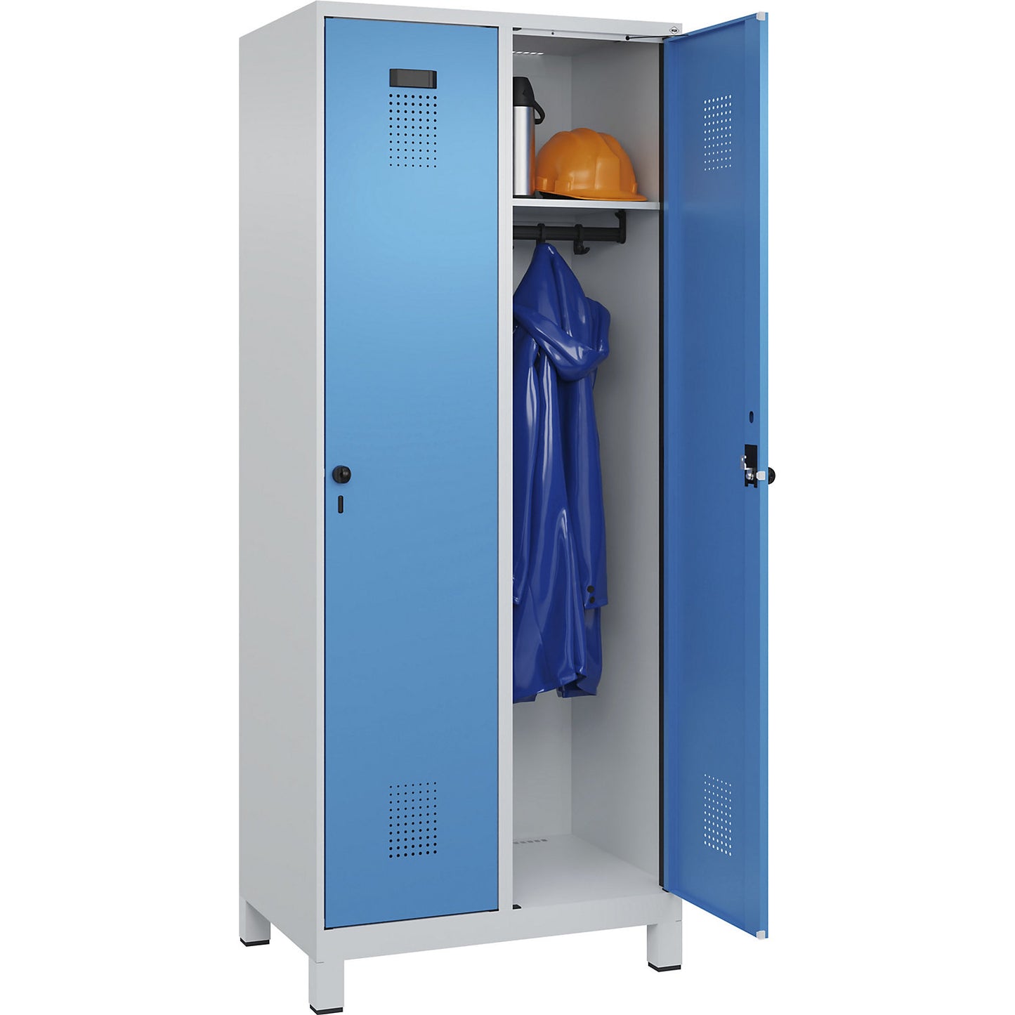 Evolo PLUS locker, 2 compartments, light grey / light blue, W 800 mm, with wide feet, rotary bolt.