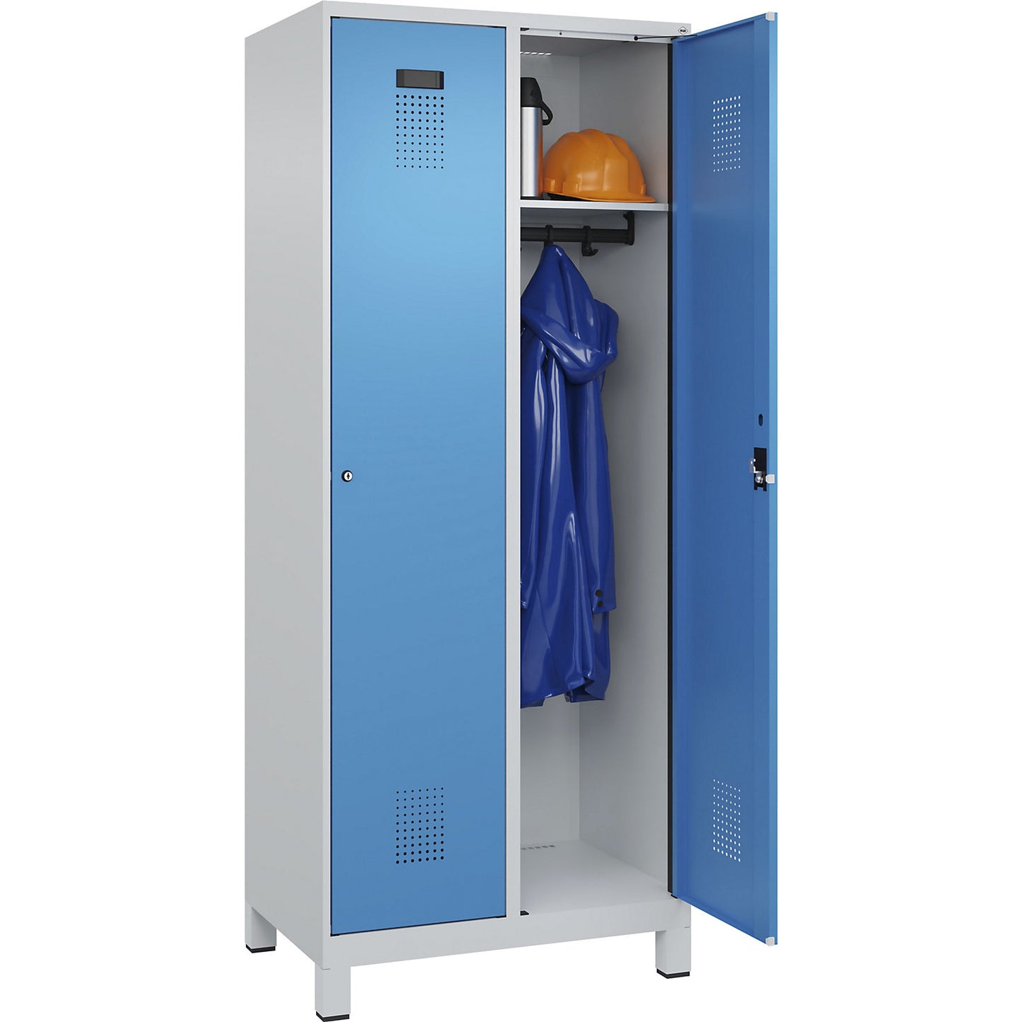 Evolo PLUS locker, 2 compartments, light grey / light blue, W 800 mm, with wide feet, cylinder lock.