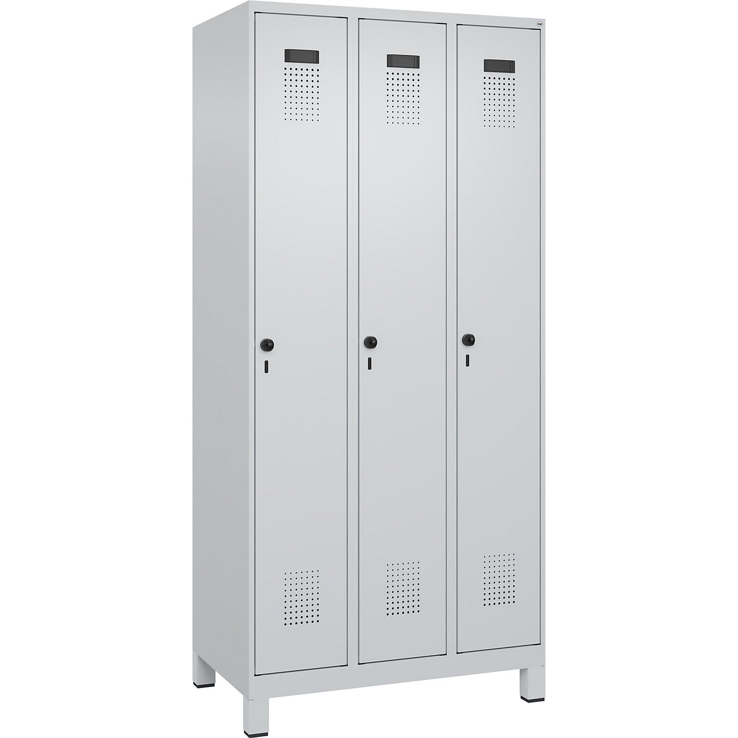 Evolo PLUS locker, 3 compartments, light grey, W 900 mm, with wide feet, rotary bolt.