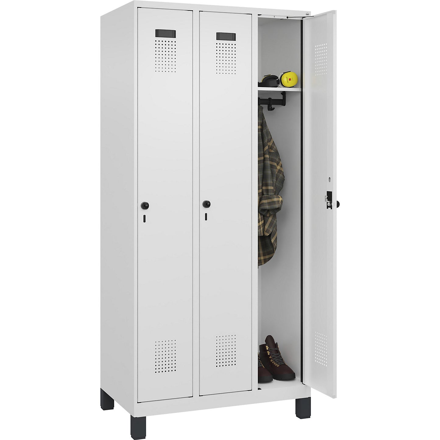 Evolo PLUS locker, 3 compartments, traffic white, W 900 mm, with wide feet, rotary bolt.