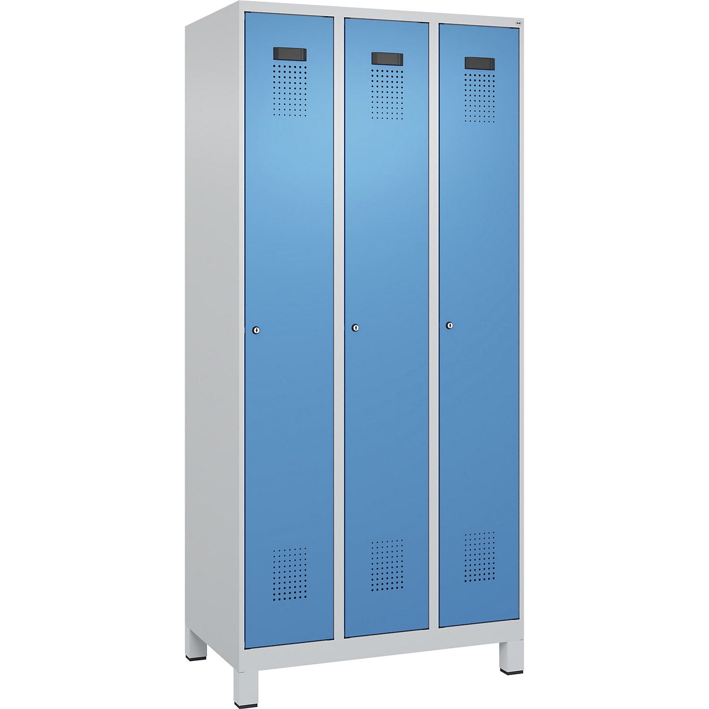 Evolo PLUS locker, 3 compartments, light grey / light blue, W 900 mm, with wide feet, cylinder lock.