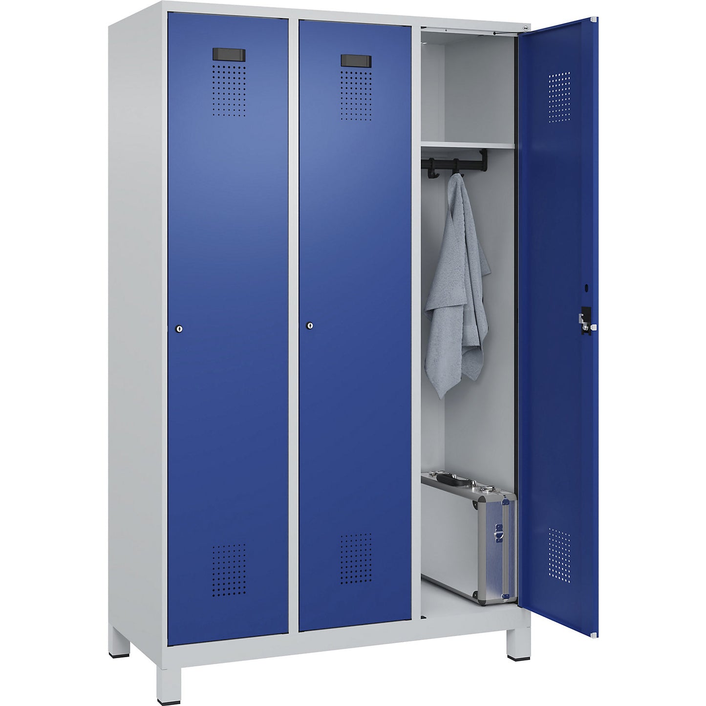 Evolo PLUS locker, 3 compartments, light grey / gentian blue, W 1200 mm, with wide feet, cylinder lock.