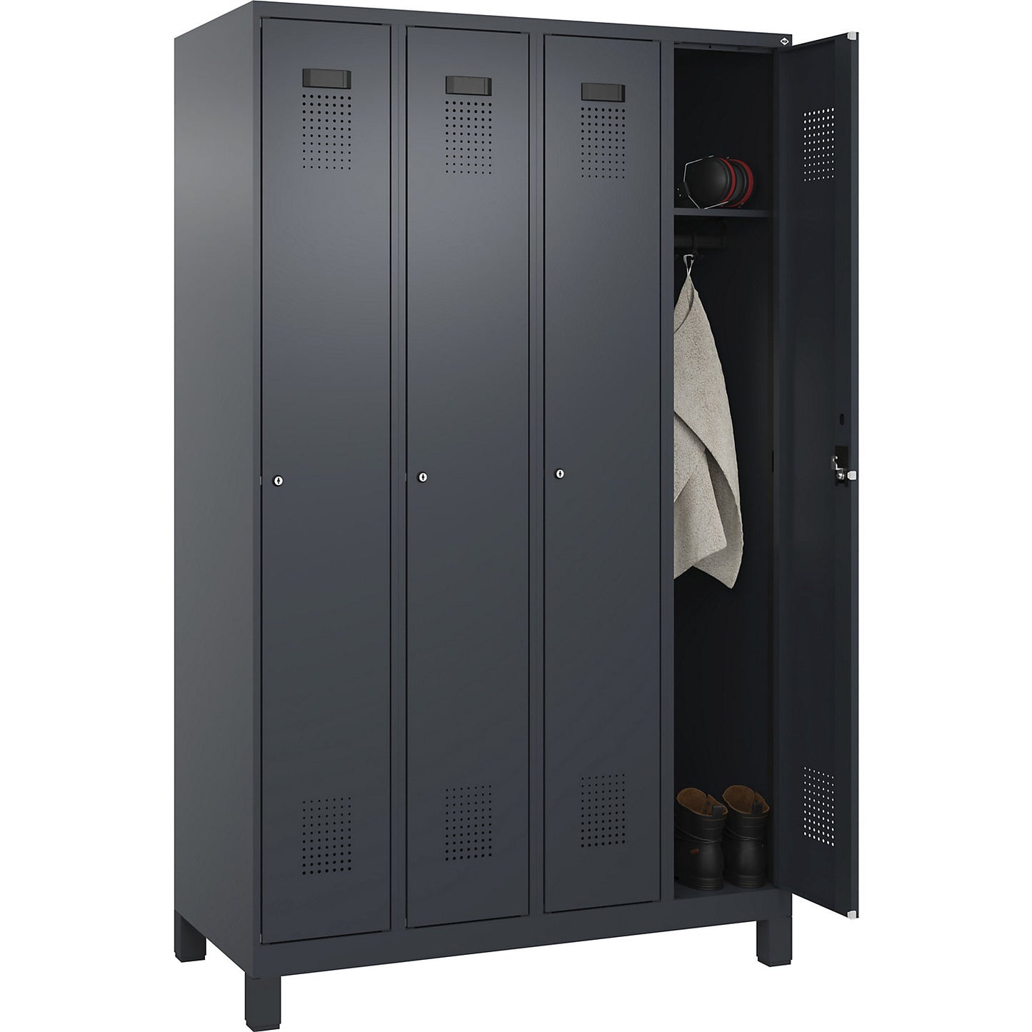 Evolo PLUS locker, 4 compartments, grey, W 1200 mm, with wide feet, cylinder lock.