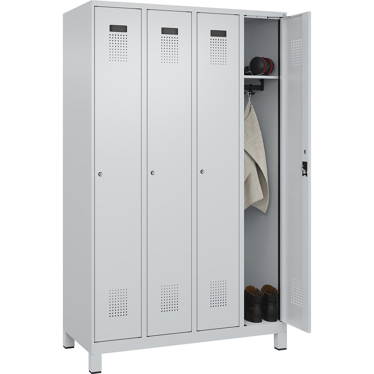 Evolo PLUS locker, 4 compartments, light grey, W 1200 mm, with wide feet, cylinder lock.