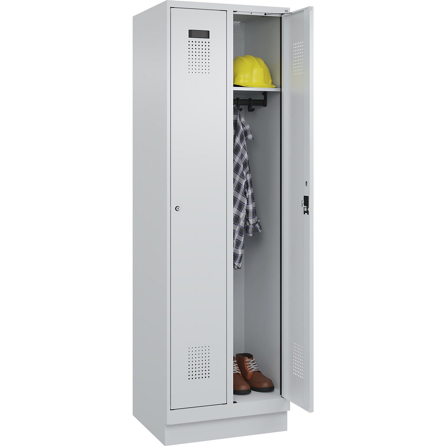Evolo PLUS locker, 2 compartments, light grey, W 600 mm, with base plinth, cylinder lock.