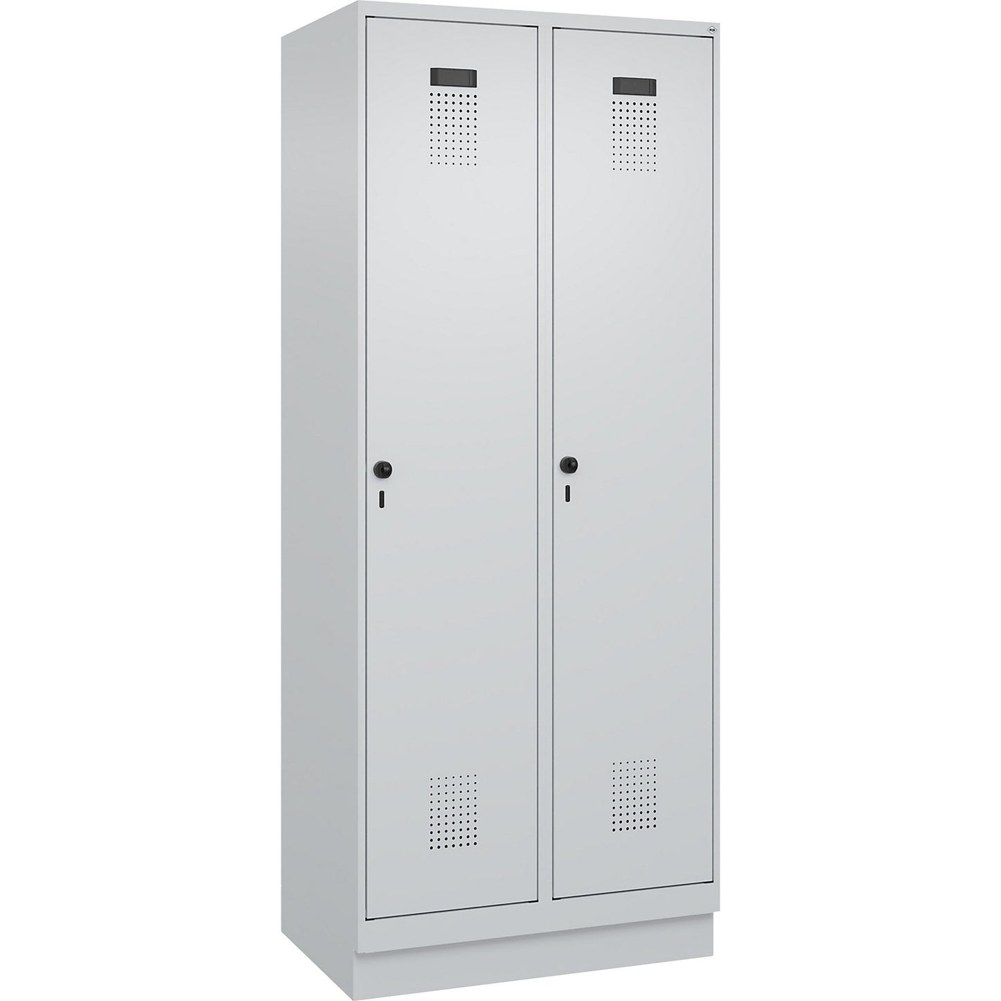Evolo PLUS locker, 2 compartments, light grey, W 800 mm, with base plinth, rotary bolt.