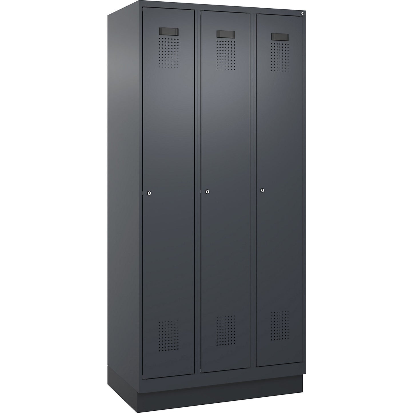 Evolo PLUS locker, 3 compartments, grey, W 900 mm, with base plinth, cylinder lock.