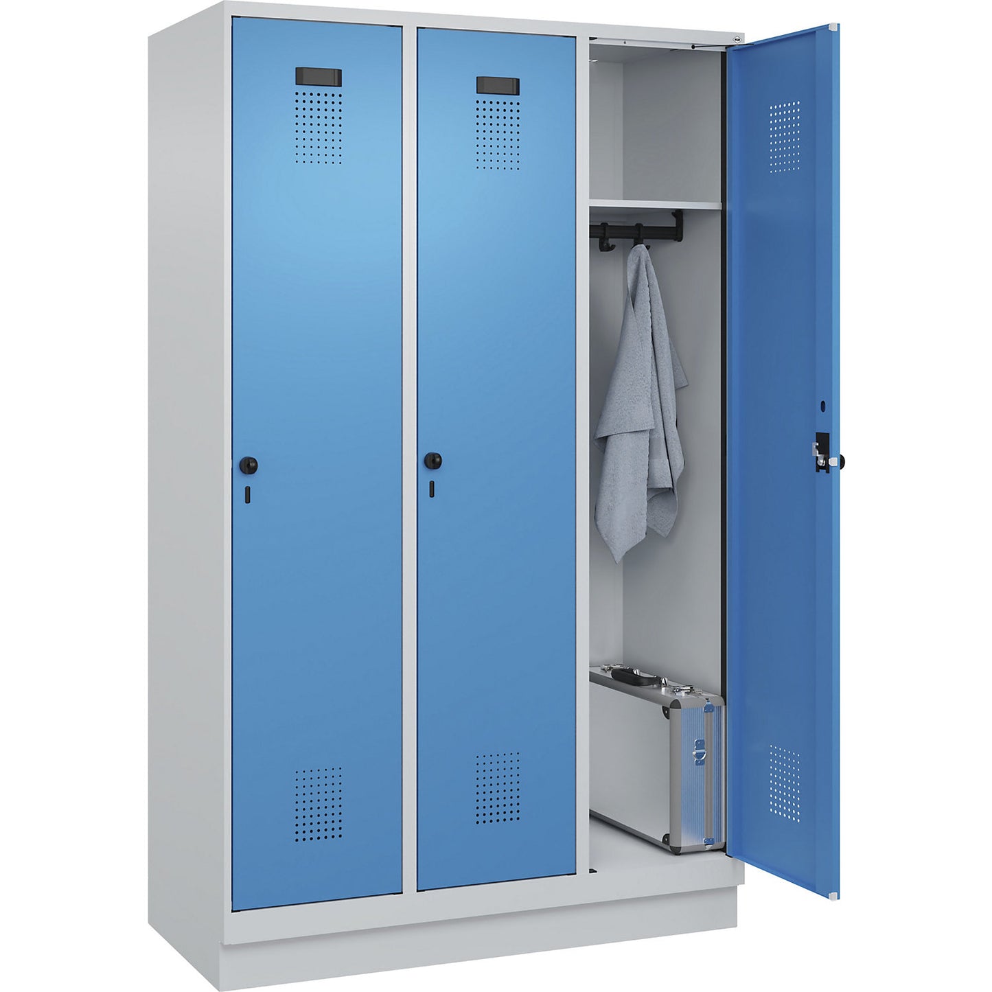 Evolo PLUS locker, 3 compartments, light grey / light blue, W 1200 mm, with base plinth, rotary bolt.