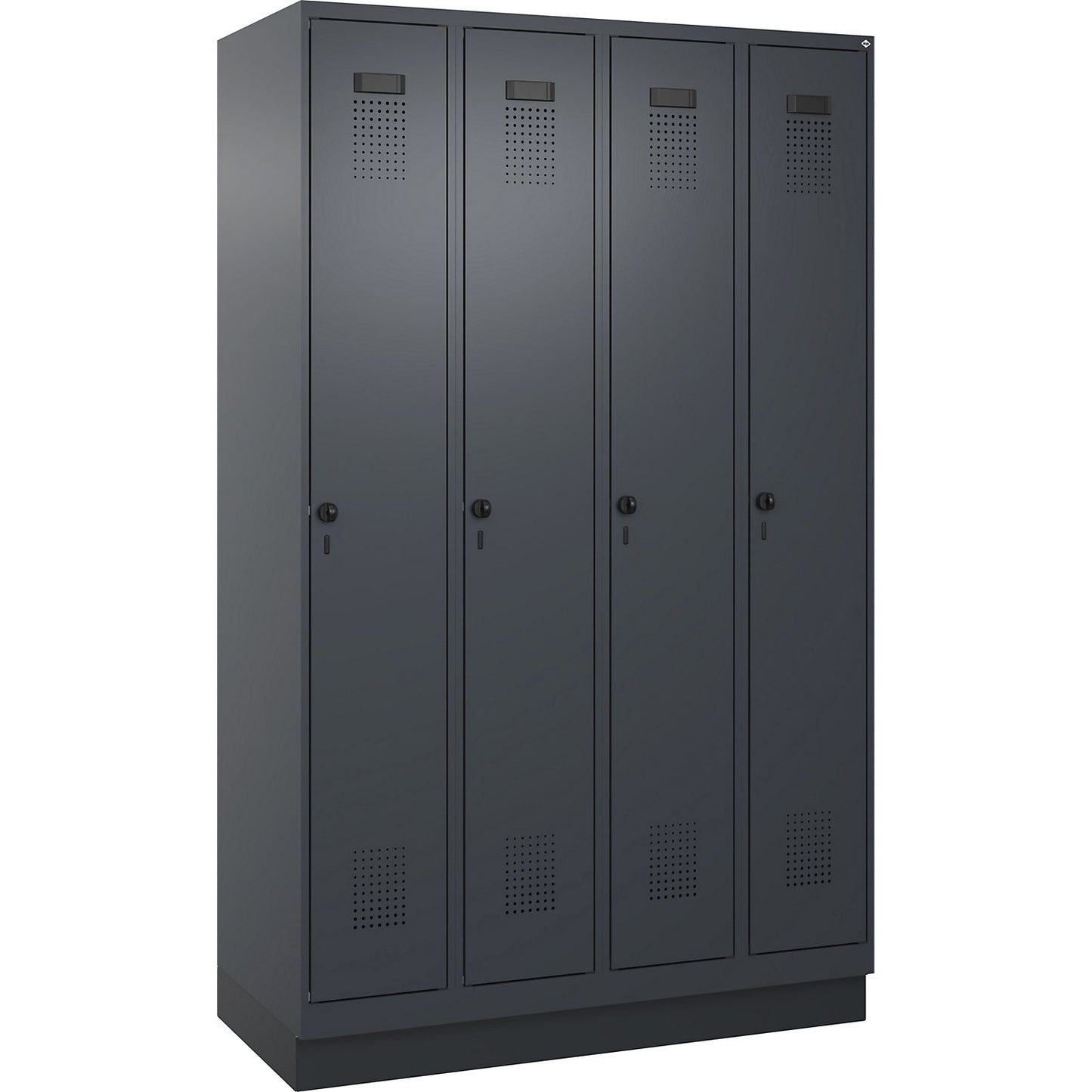 Evolo PLUS locker, 4 compartments, grey, W 1200 mm, with base plinth, rotary bolt.