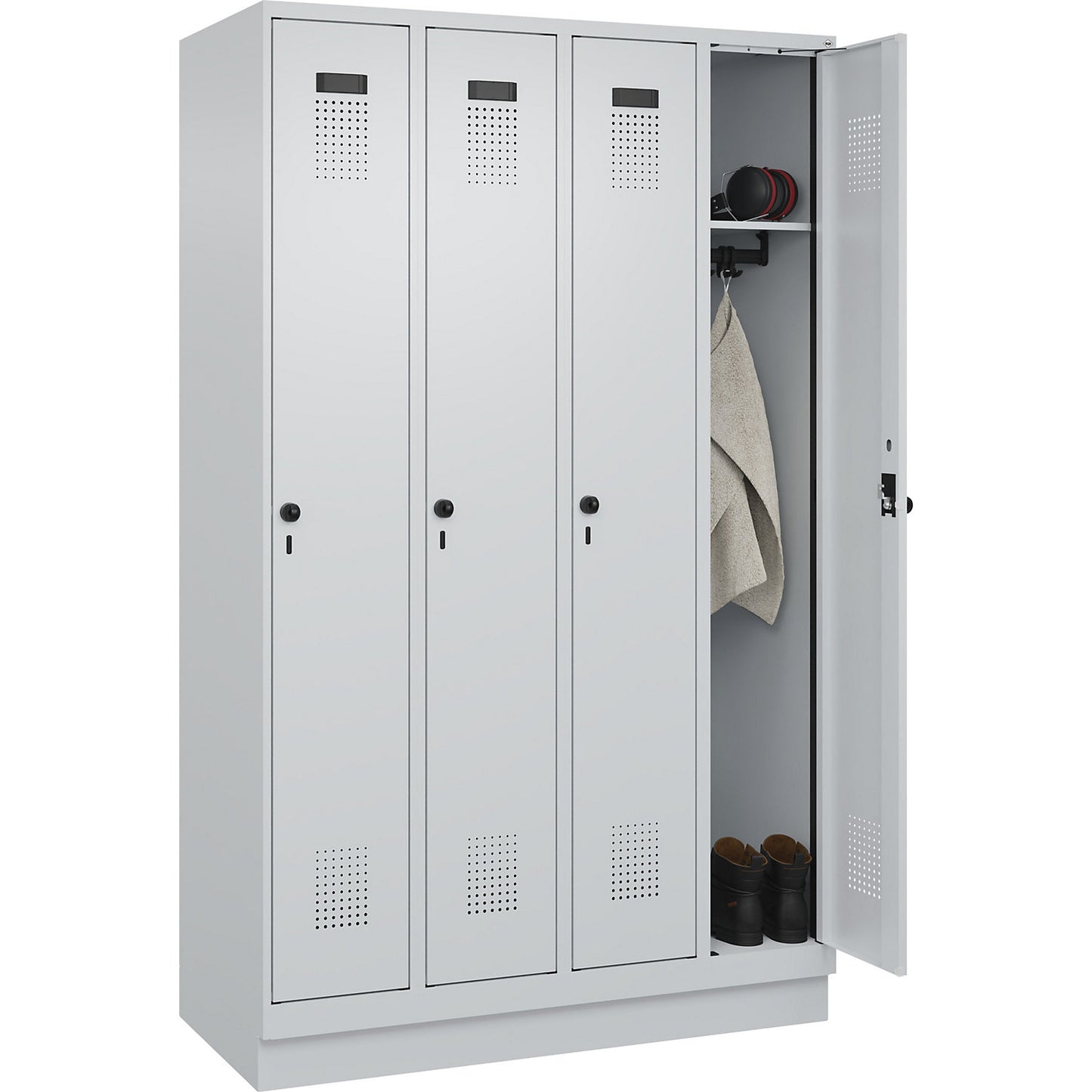 Evolo PLUS locker, 4 compartments, light grey, W 1200 mm, with base plinth, rotary bolt.