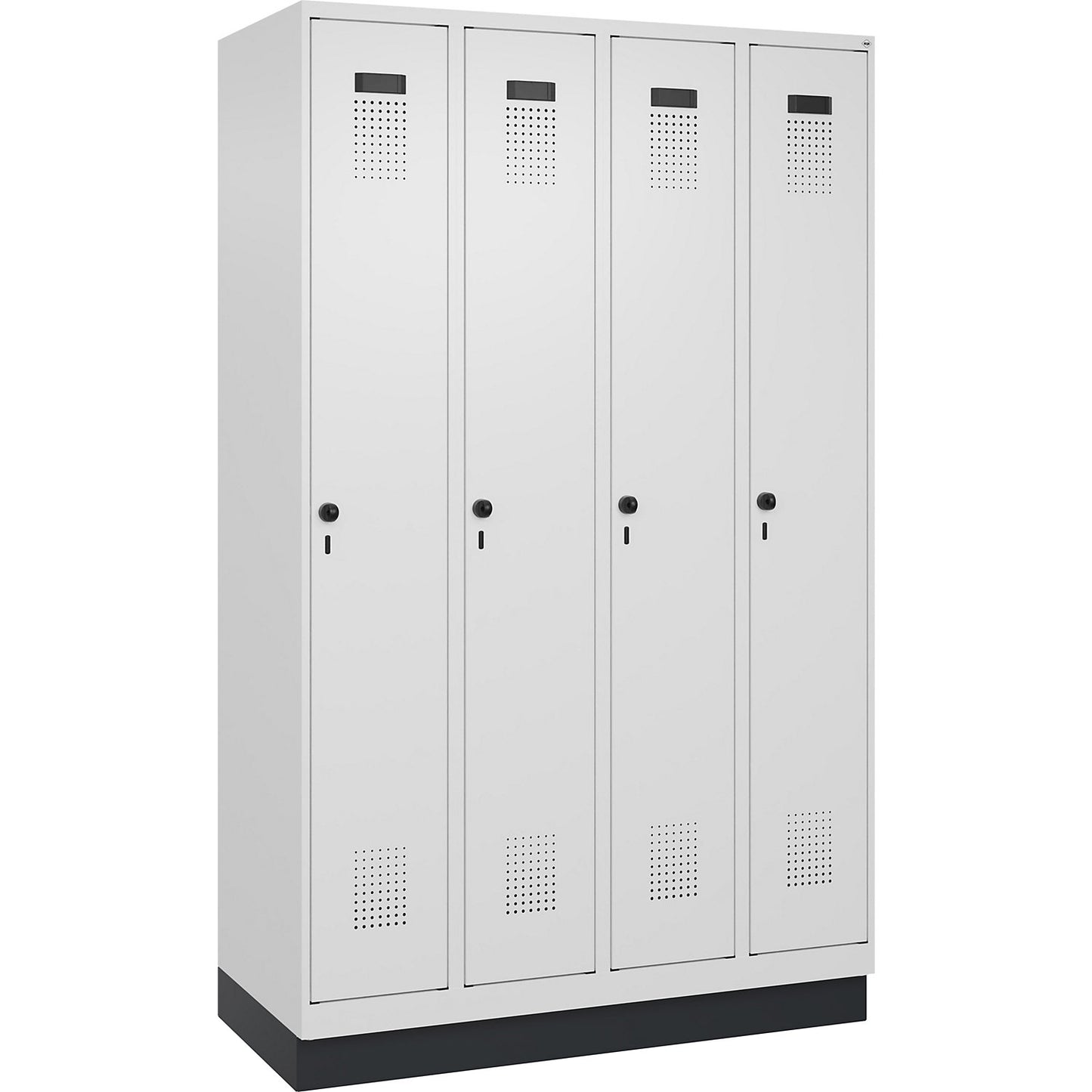 Evolo PLUS locker, 4 compartments, traffic white, W 1200 mm, with base plinth, rotary bolt.