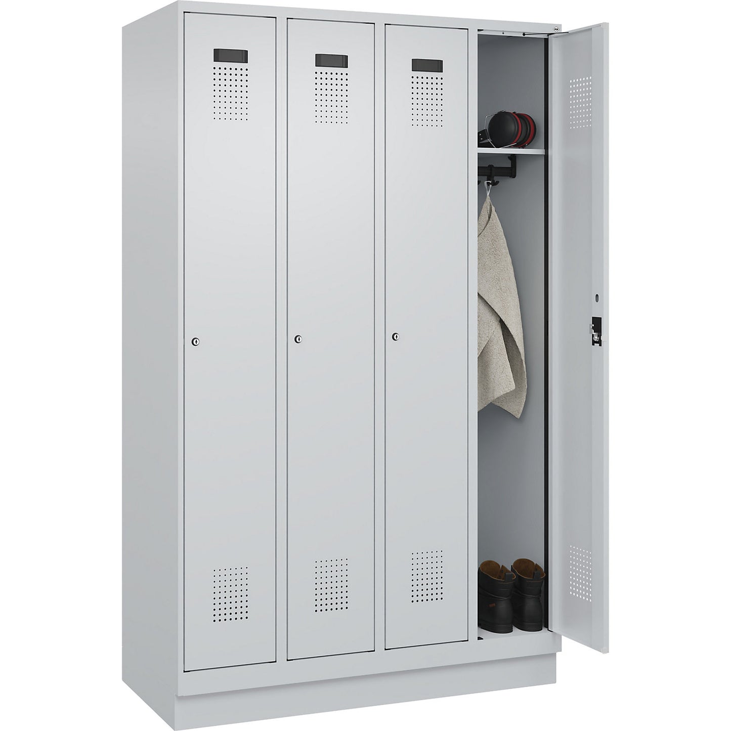 Evolo PLUS locker, 4 compartments, light grey, W 1200 mm, with base plinth, cylinder lock.